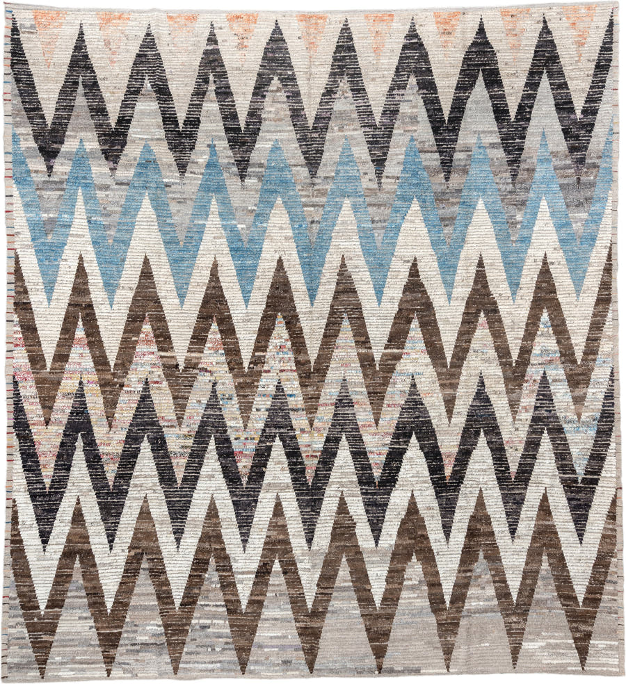 12' x 13' one-of-a-kind handmade vintage Tulu oversize rug. Color palette: ivory, charcoal, taupe, brown, sky blue