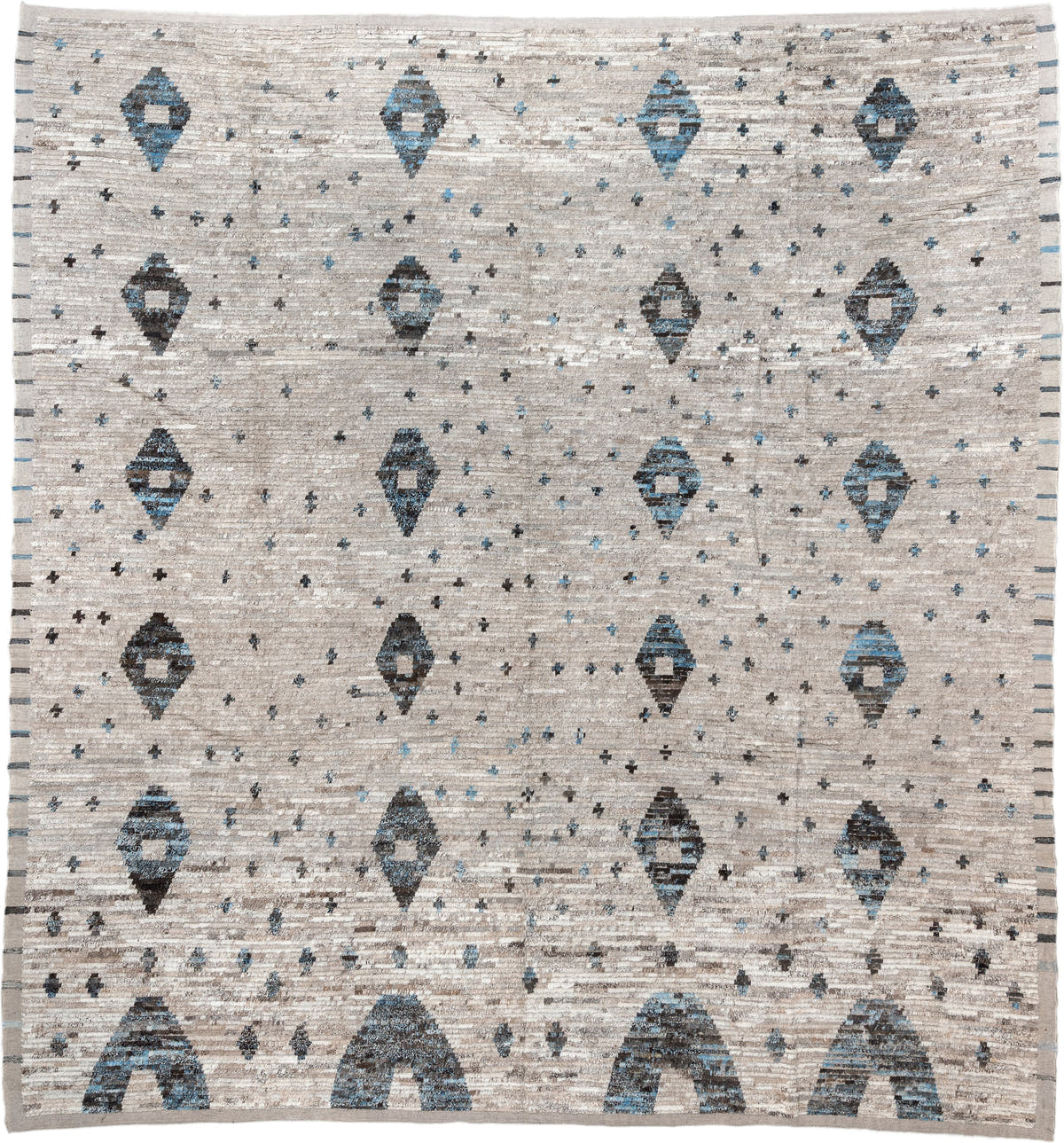 13' x 14' one-of-a-kind handmade vintage Tulu oversize rug. Color palette: ivory, taupe, charcoal, sky_blue, gray, beige