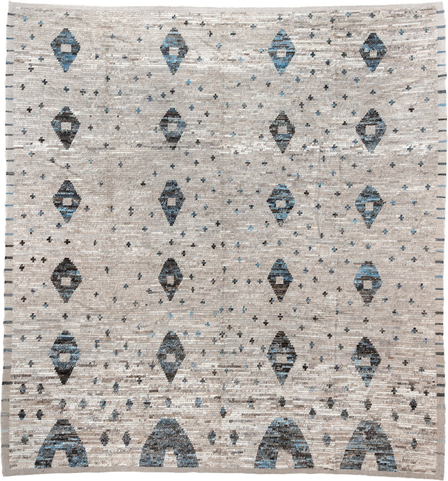 13' x 14' one-of-a-kind handmade vintage Tulu oversize rug. Color palette: ivory, taupe, charcoal, sky_blue, gray, beige