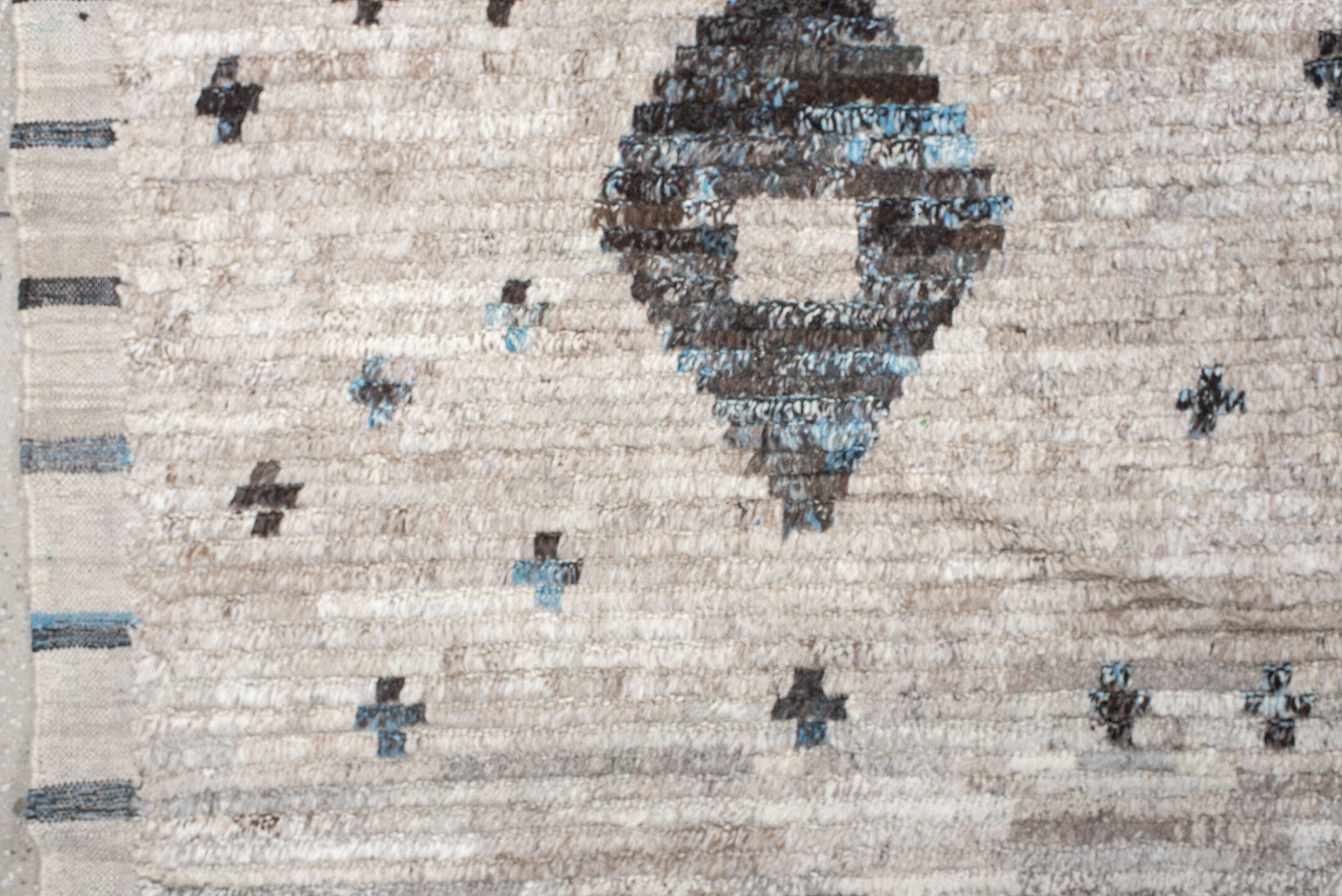 13' x 14' one-of-a-kind handmade vintage Tulu oversize rug. Color palette: ivory, taupe, charcoal, sky_blue, gray, beige