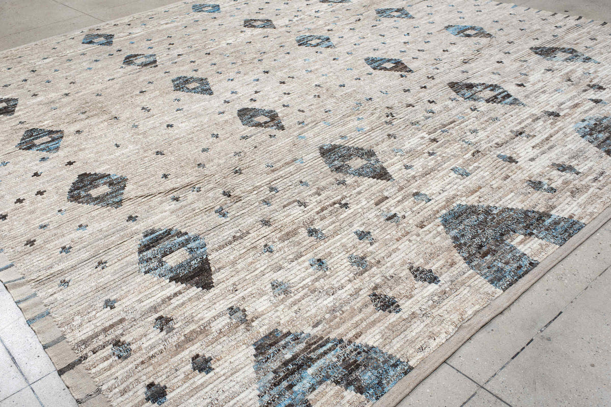 13' x 14' one-of-a-kind handmade vintage Tulu oversize rug. Color palette: ivory, taupe, charcoal, sky_blue, gray, beige