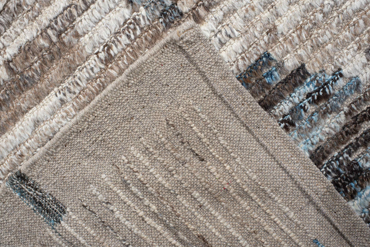 13' x 14' one-of-a-kind handmade vintage Tulu oversize rug. Color palette: ivory, taupe, charcoal, sky_blue, gray, beige