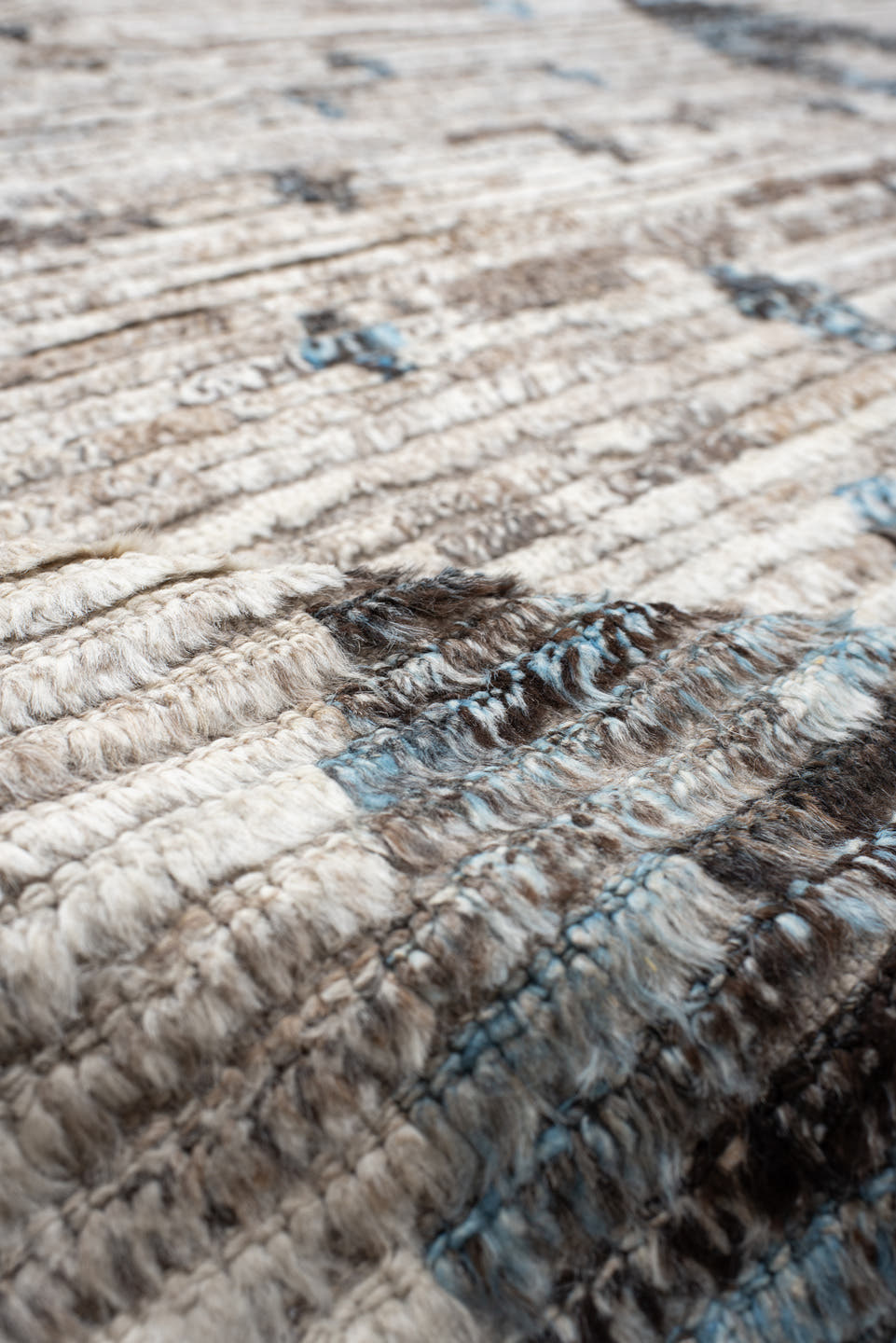 13' x 14' one-of-a-kind handmade vintage Tulu oversize rug. Color palette: ivory, taupe, charcoal, sky_blue, gray, beige