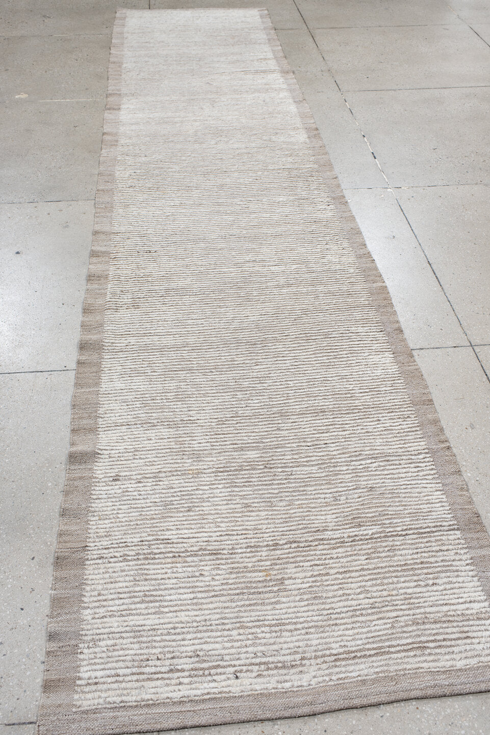 3' x 14' one-of-a-kind handmade vintage Tulu runner rug. Color palette: ivory, taupe, beige, cream, gray