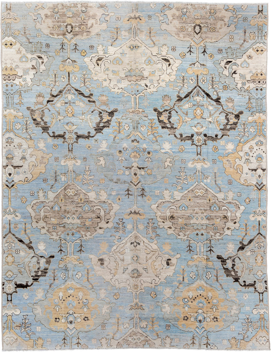 9' x 11' one-of-a-kind handmade vintage Oushak large size rug. Color palette: light blue, ivory, taupe, beige, charcoal