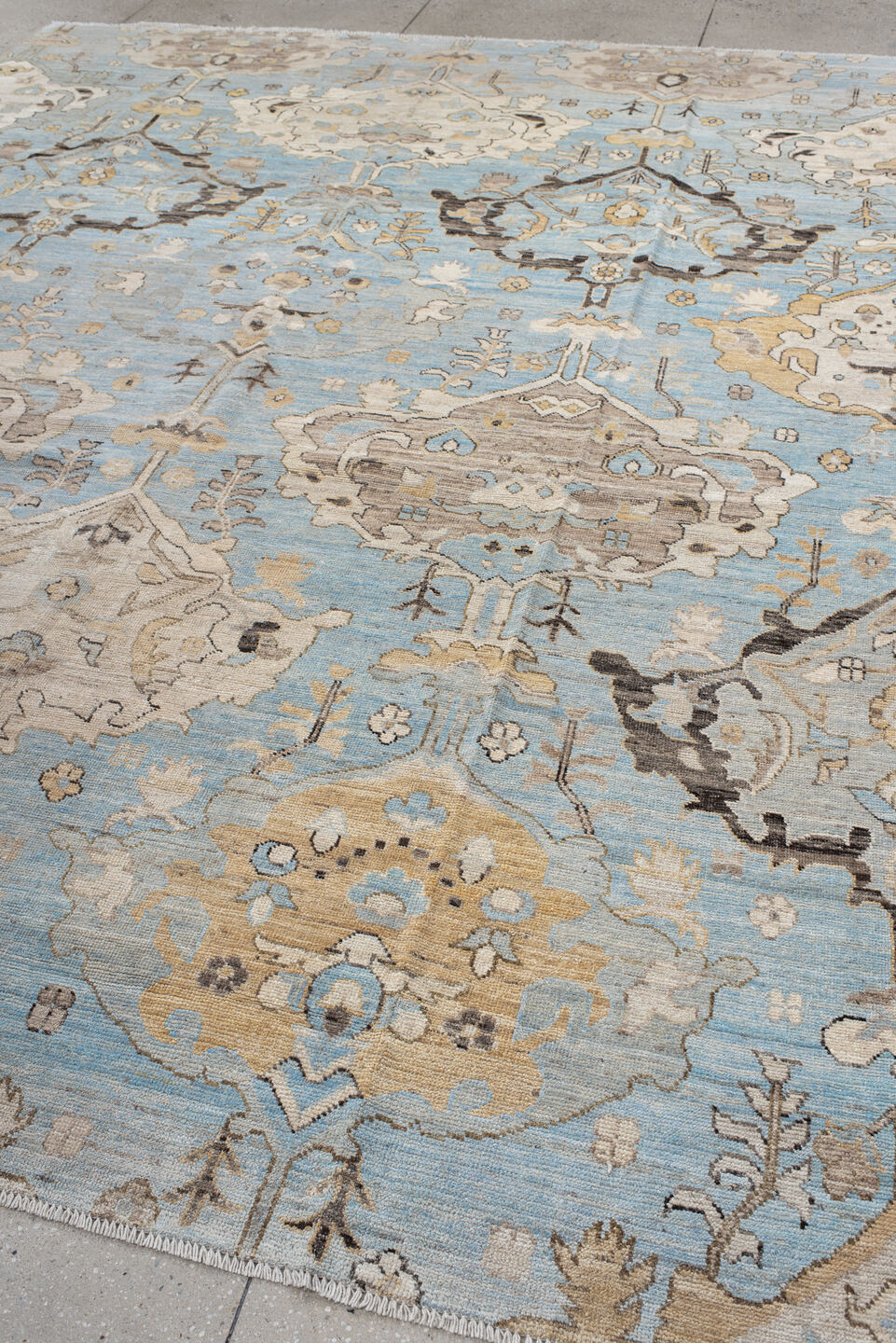 9' x 11' one-of-a-kind handmade vintage Oushak large size rug. Color palette: light blue, ivory, taupe, beige, charcoal