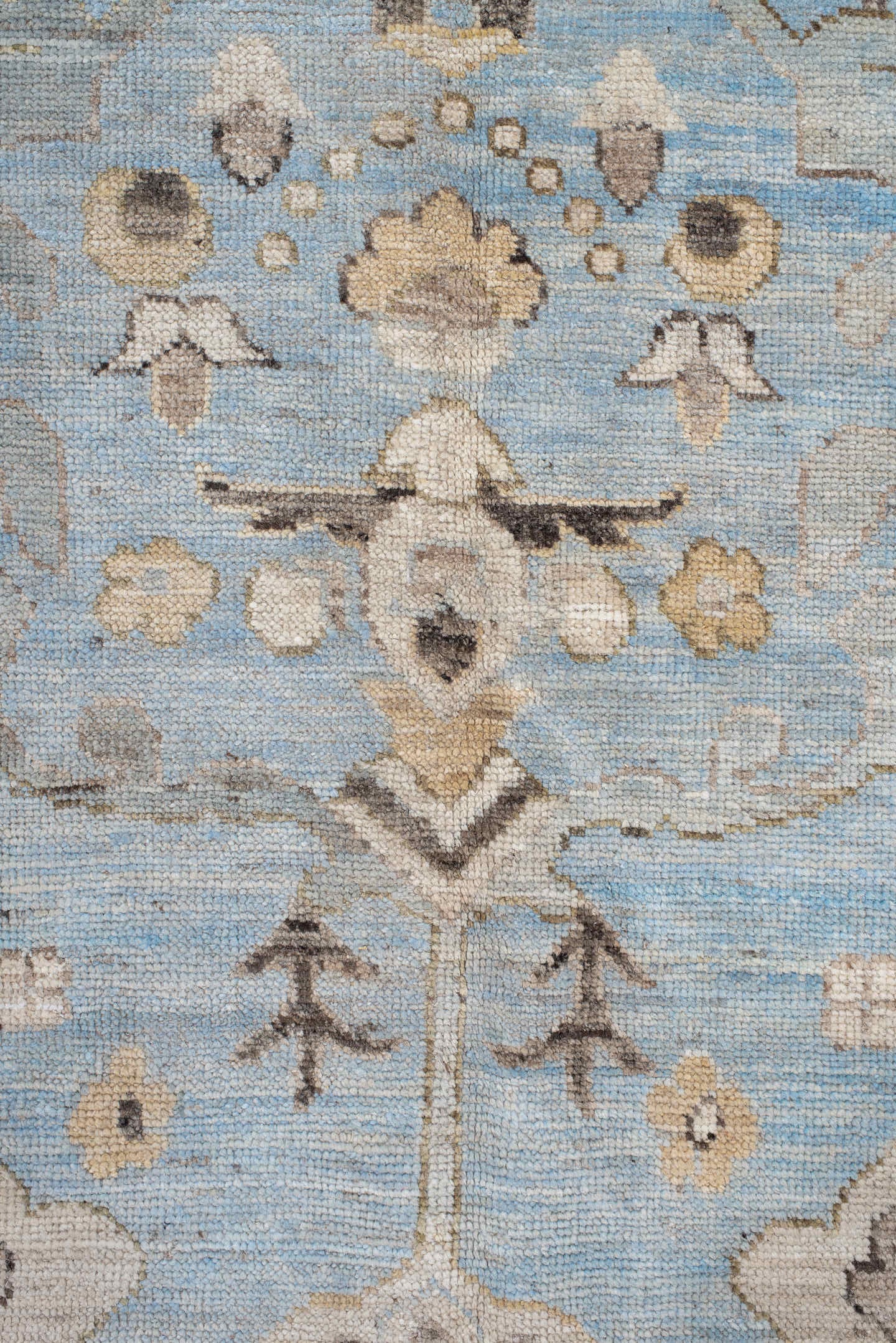 9' x 11' one-of-a-kind handmade vintage Oushak large size rug. Color palette: light blue, ivory, taupe, beige, charcoal
