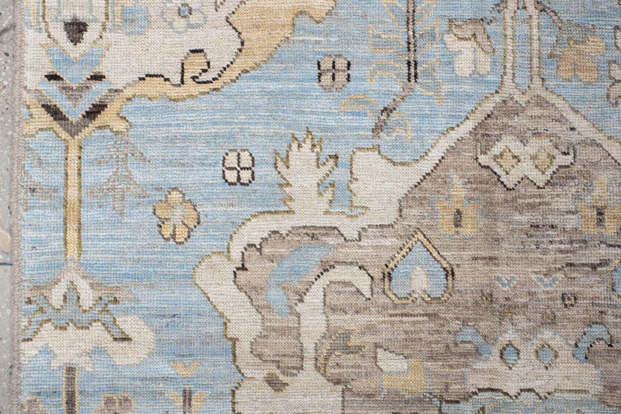 9' x 11' one-of-a-kind handmade vintage Oushak large size rug. Color palette: light blue, ivory, taupe, beige, charcoal