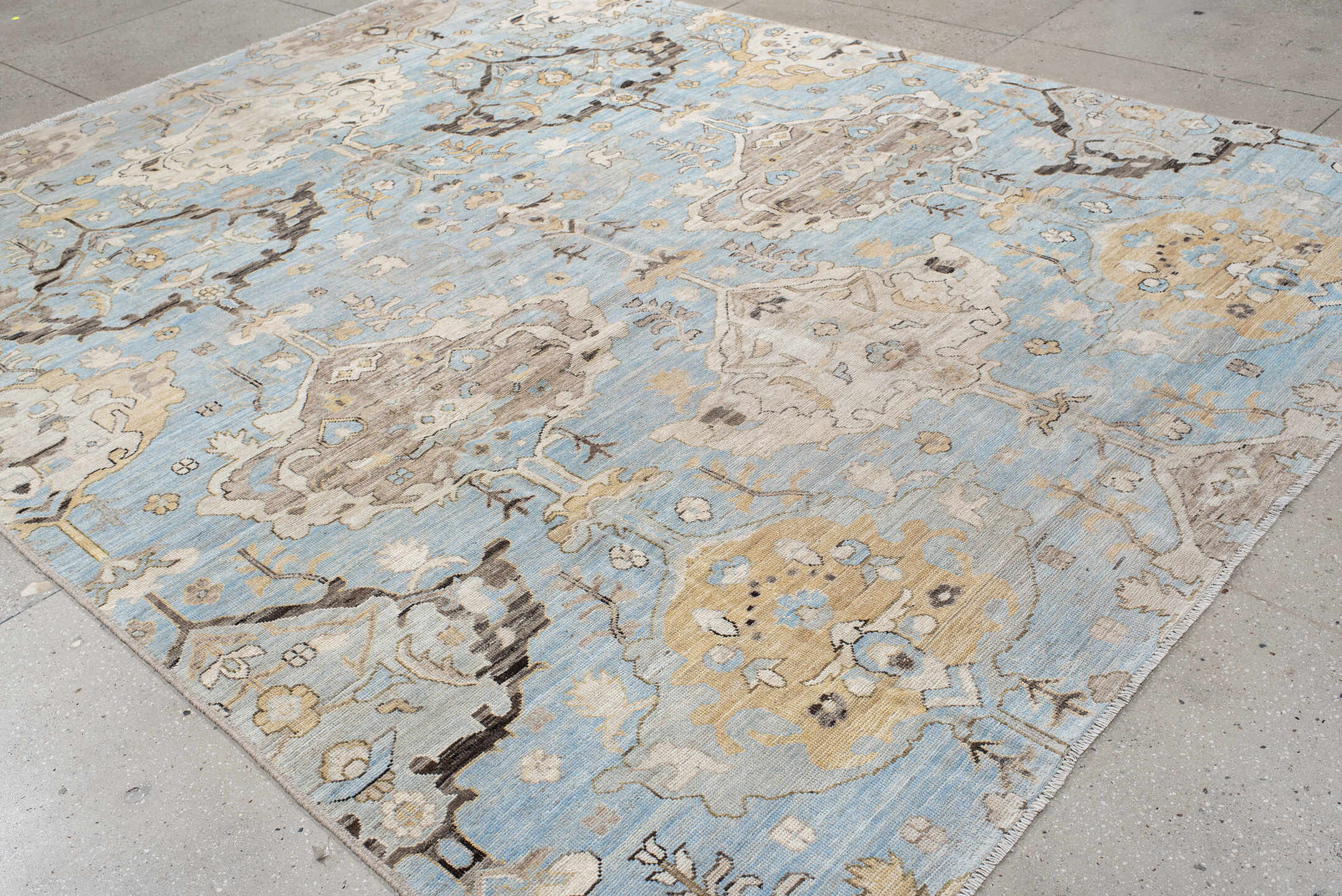 9' x 11' one-of-a-kind handmade vintage Oushak large size rug. Color palette: light blue, ivory, taupe, beige, charcoal
