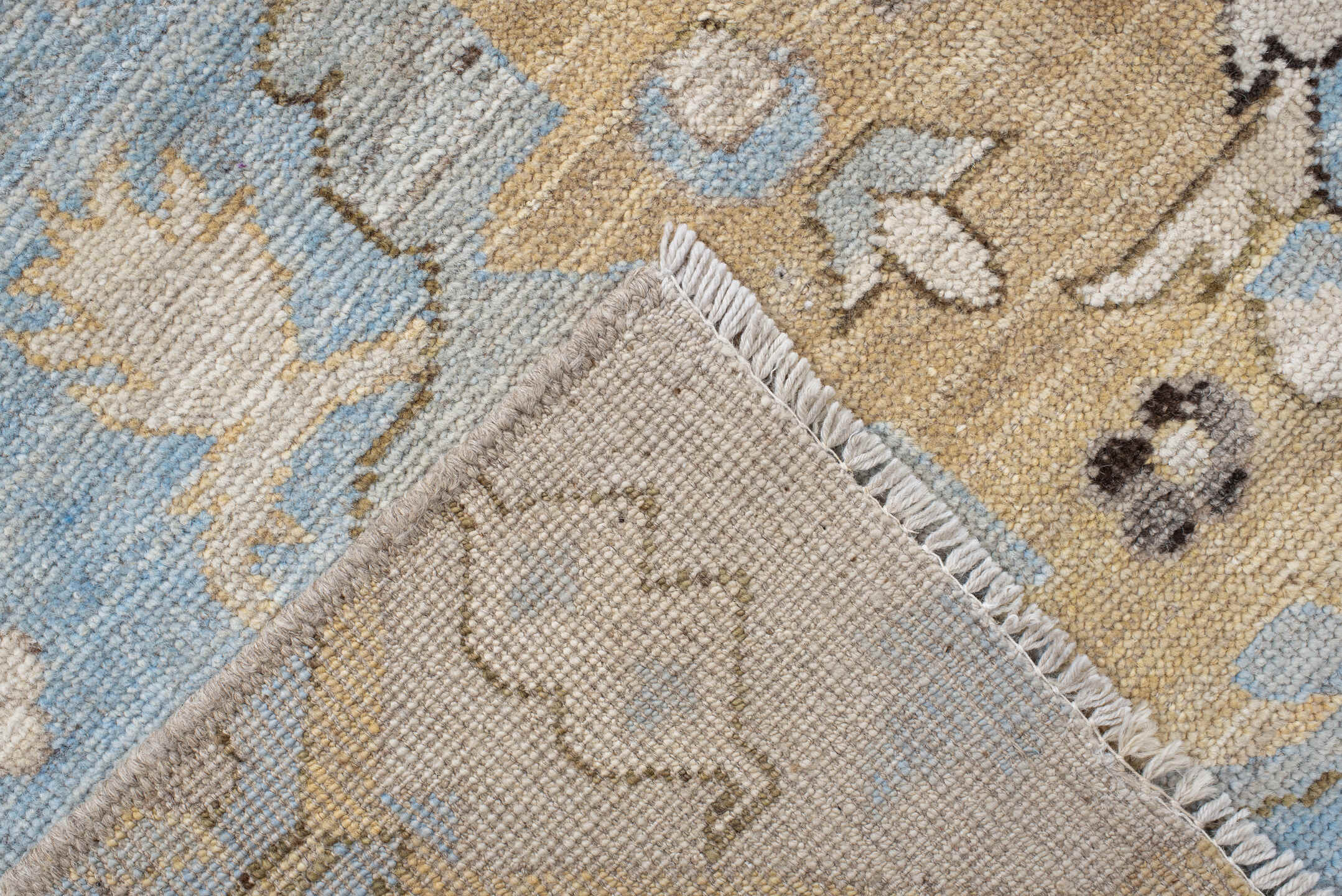 9' x 11' one-of-a-kind handmade vintage Oushak large size rug. Color palette: light blue, ivory, taupe, beige, charcoal