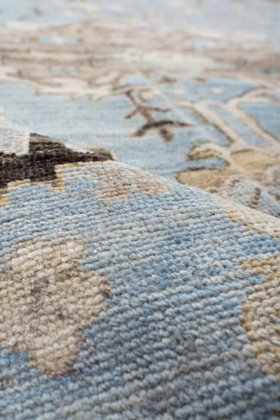 9' x 11' one-of-a-kind handmade vintage Oushak large size rug. Color palette: light blue, ivory, taupe, beige, charcoal