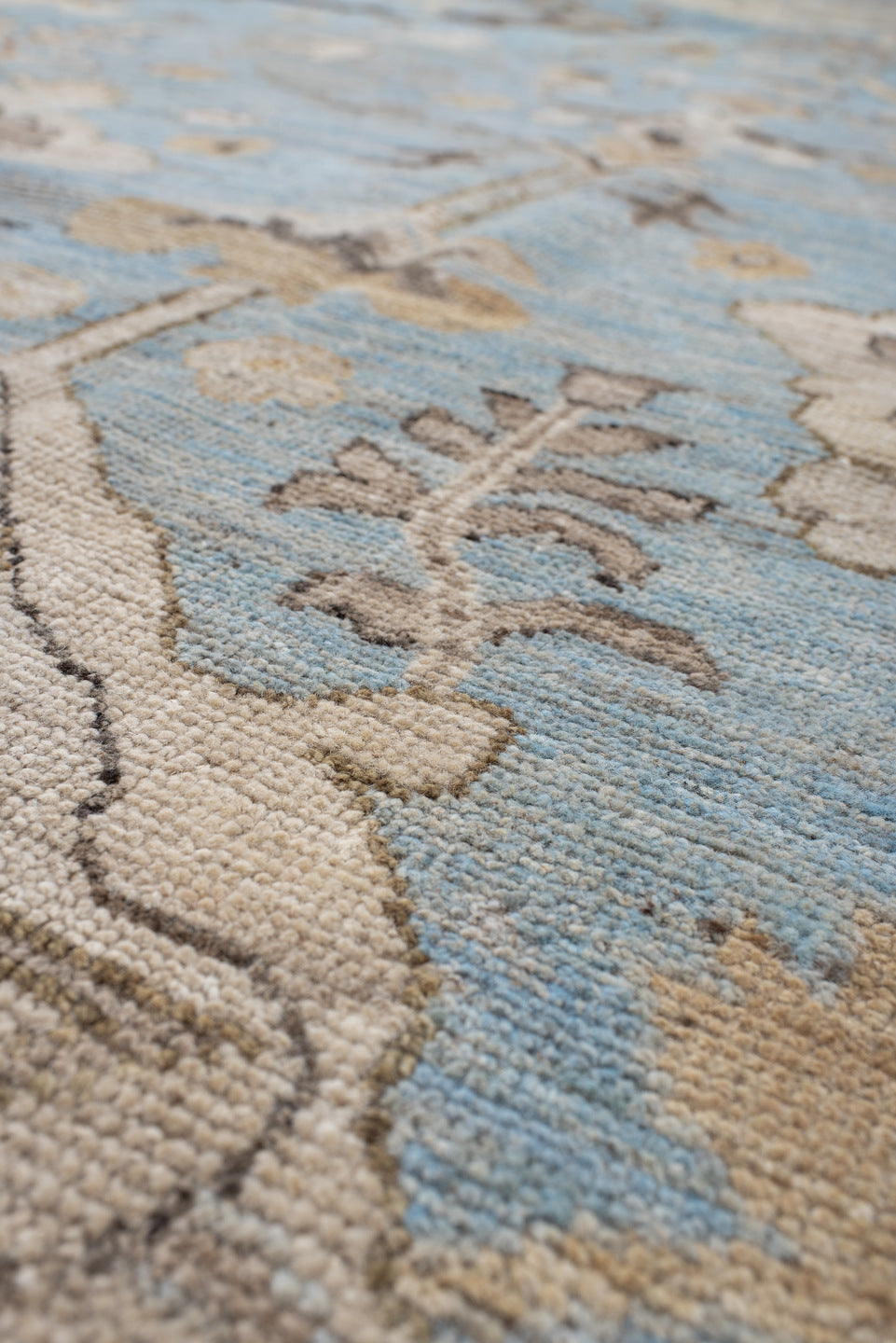 9' x 11' one-of-a-kind handmade vintage Oushak large size rug. Color palette: light blue, ivory, taupe, beige, charcoal