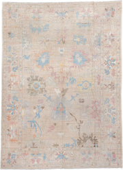 9' x 13' one-of-a-kind handmade vintage Oushak large size rug. Color palette: beige, ivory, sky blue, blush, taupe