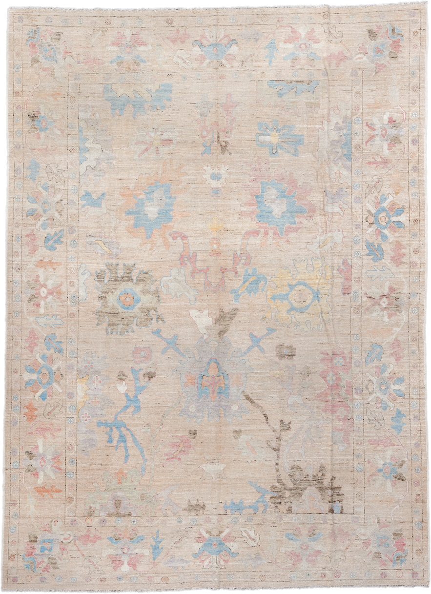 9' x 13' one-of-a-kind handmade vintage Oushak large size rug. Color palette: beige, ivory, sky blue, blush, taupe