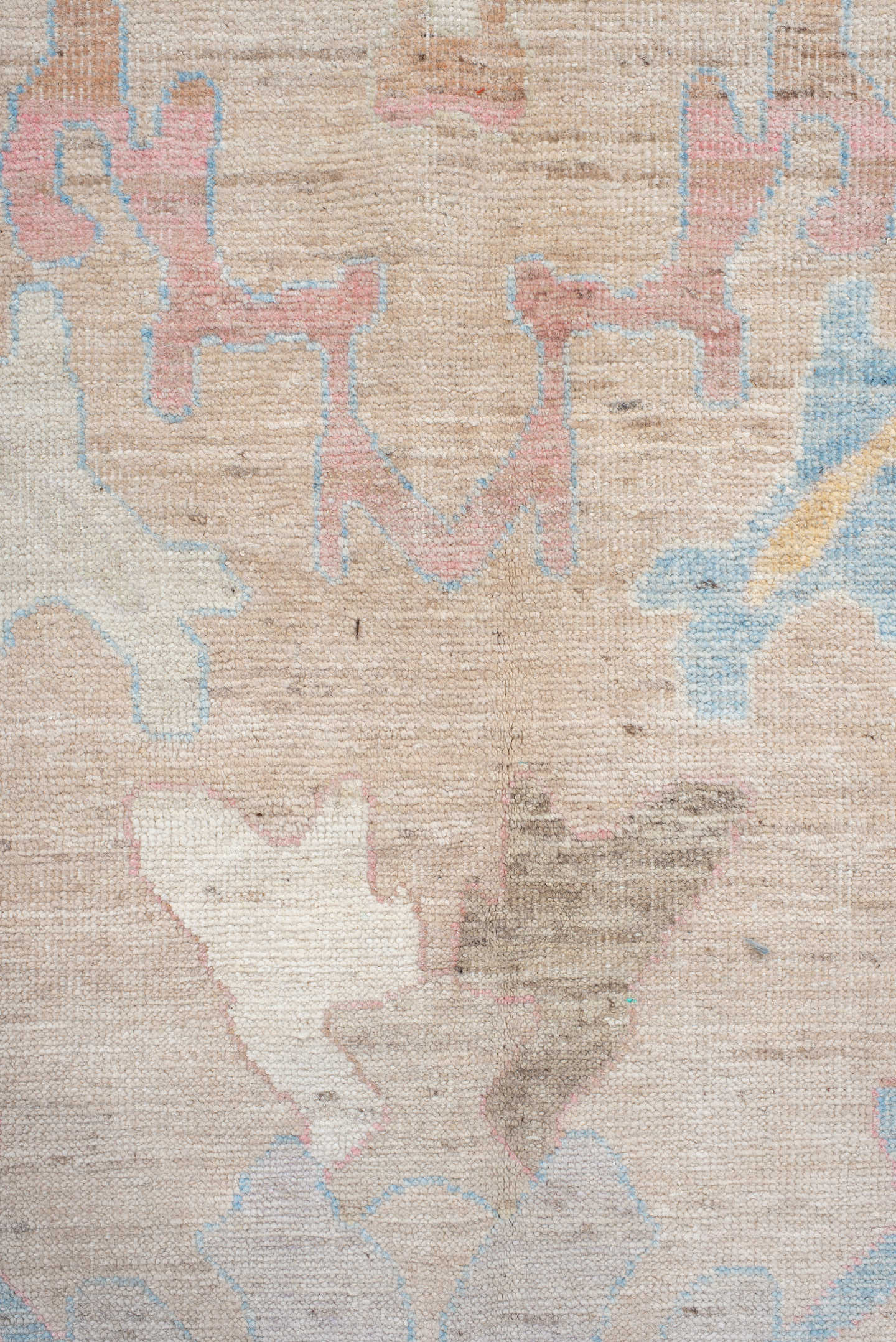 9' x 13' one-of-a-kind handmade vintage Oushak large size rug. Color palette: beige, ivory, sky blue, blush, taupe