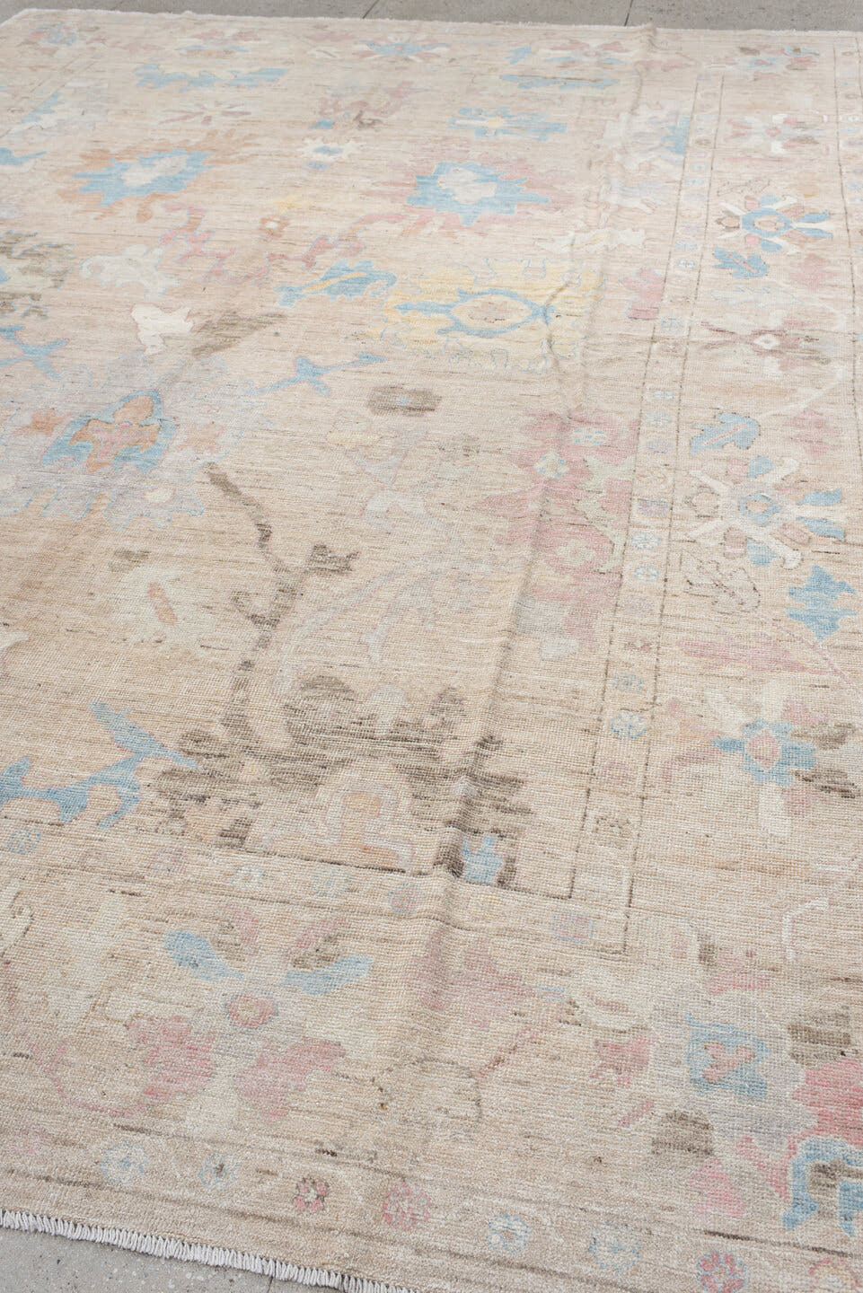 9' x 13' one-of-a-kind handmade vintage Oushak large size rug. Color palette: beige, ivory, sky blue, blush, taupe