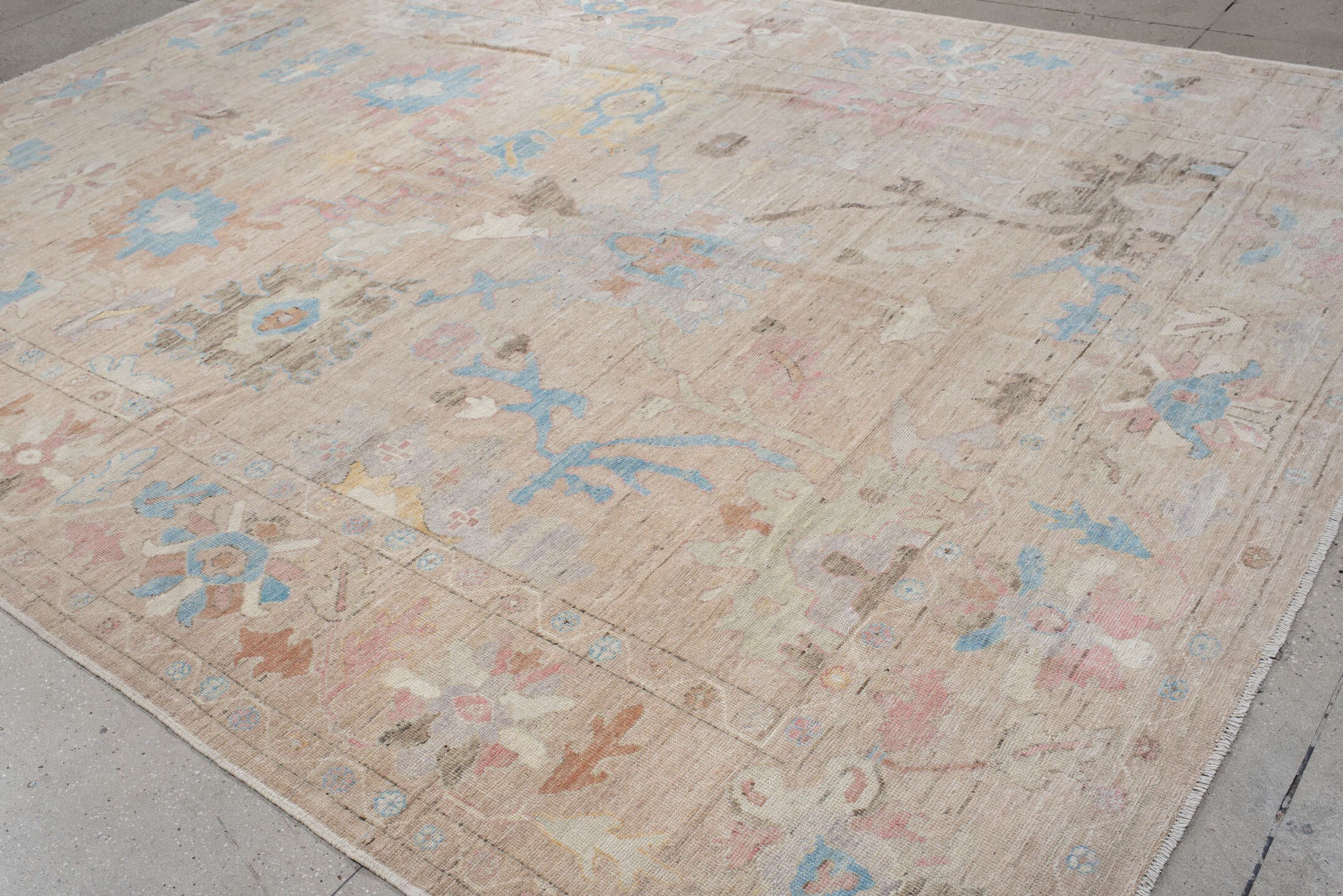 9' x 13' one-of-a-kind handmade vintage Oushak large size rug. Color palette: beige, ivory, sky blue, blush, taupe