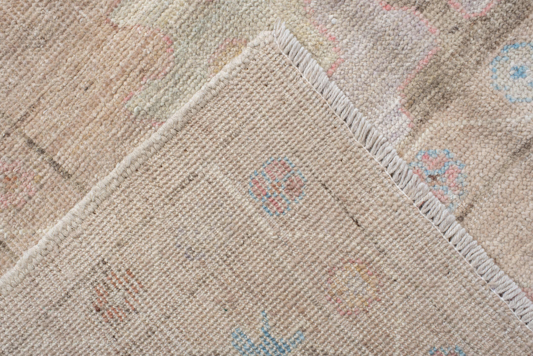 9' x 13' one-of-a-kind handmade vintage Oushak large size rug. Color palette: beige, ivory, sky blue, blush, taupe