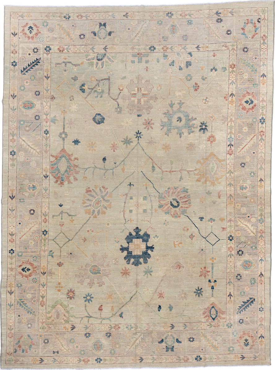10' x 13' one-of-a-kind handmade vintage Oushak large size rug. Color palette: ivory, beige, pale blue, blush, sage, sand