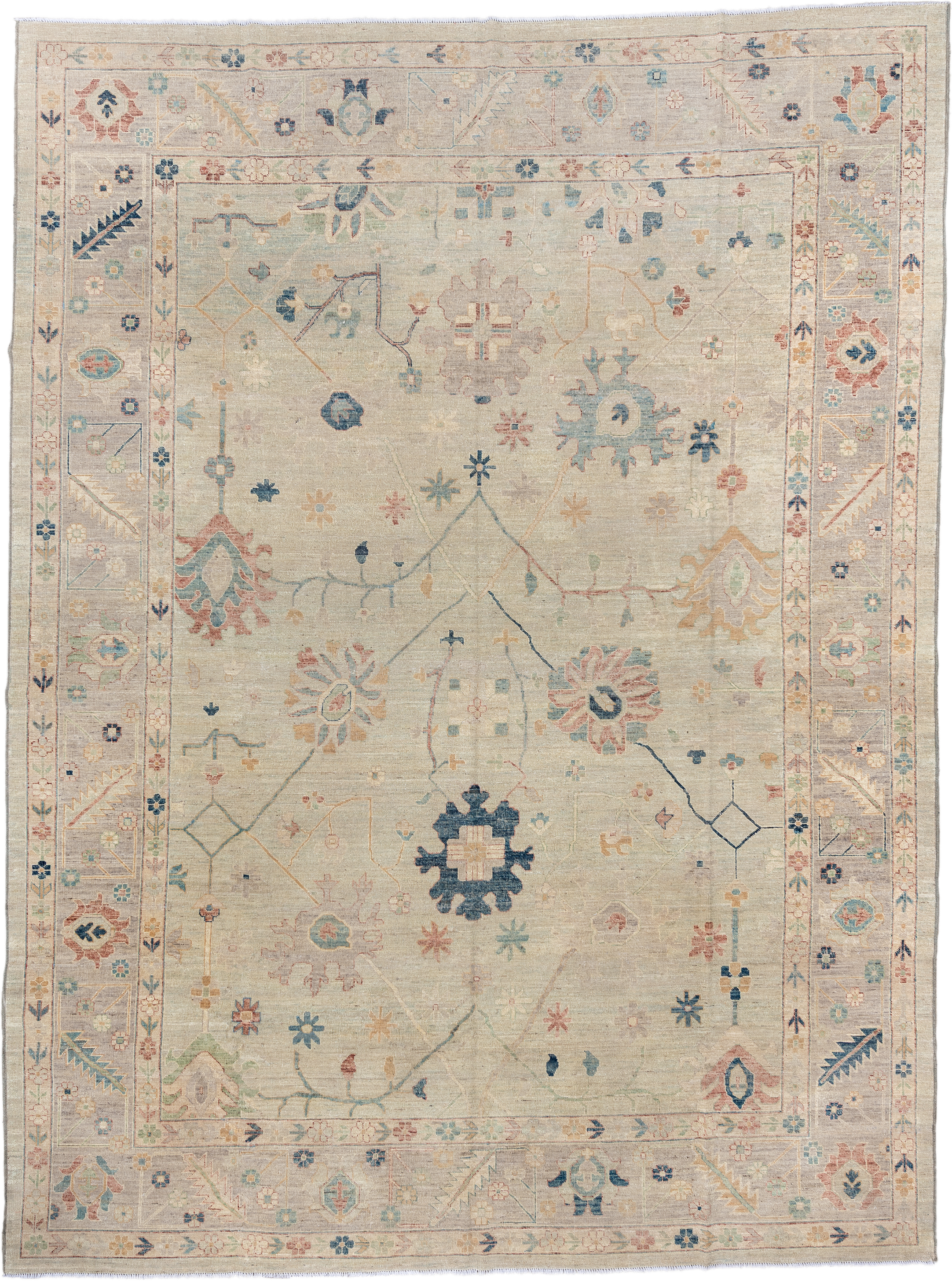 10' x 13' one-of-a-kind handmade vintage Oushak large size rug. Color palette: ivory, beige, pale blue, blush, sage, sand