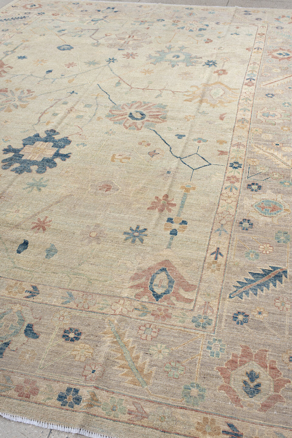 10' x 13' one-of-a-kind handmade vintage Oushak large size rug. Color palette: ivory, beige, pale blue, blush, sage, sand