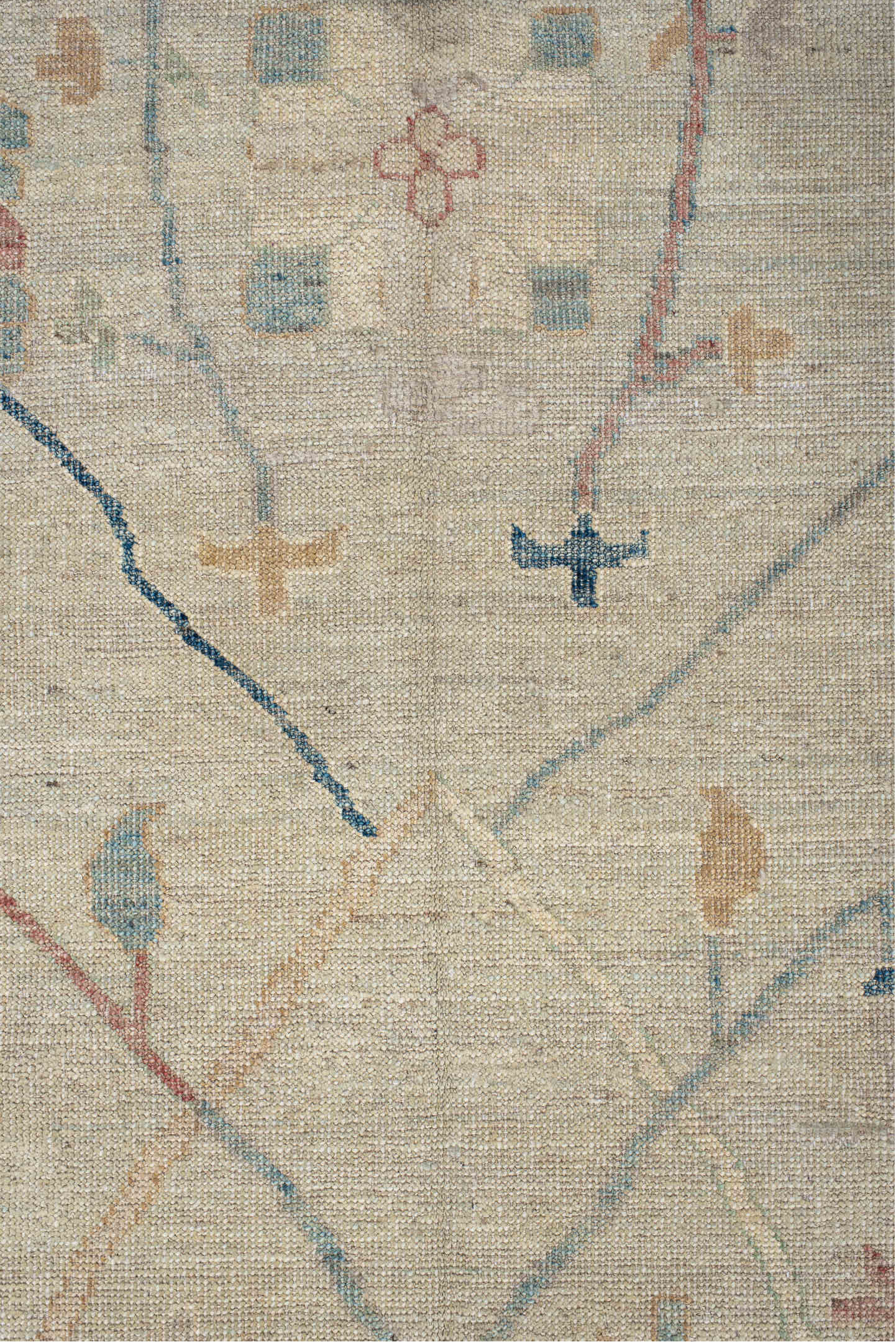 10' x 13' one-of-a-kind handmade vintage Oushak large size rug. Color palette: ivory, beige, pale blue, blush, sage, sand