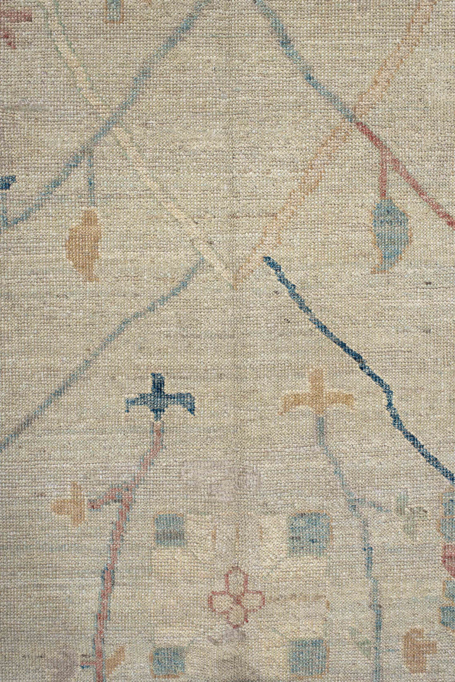 10' x 13' one-of-a-kind handmade vintage Oushak large size rug. Color palette: ivory, beige, pale blue, blush, sage, sand