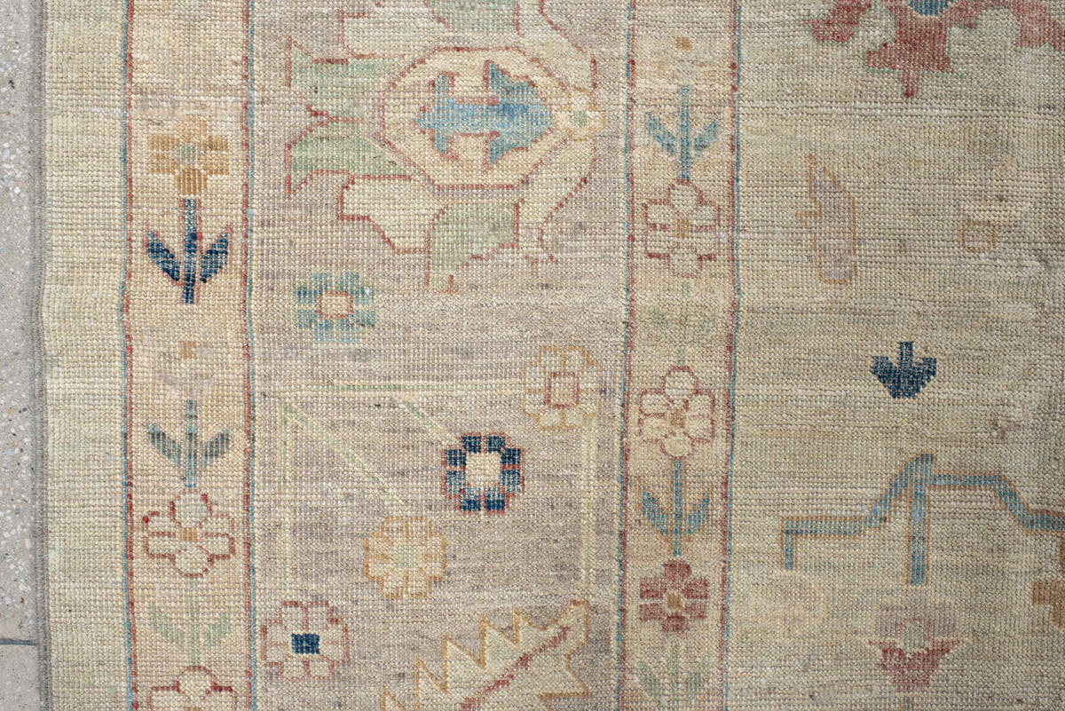 10' x 13' one-of-a-kind handmade vintage Oushak large size rug. Color palette: ivory, beige, pale blue, blush, sage, sand