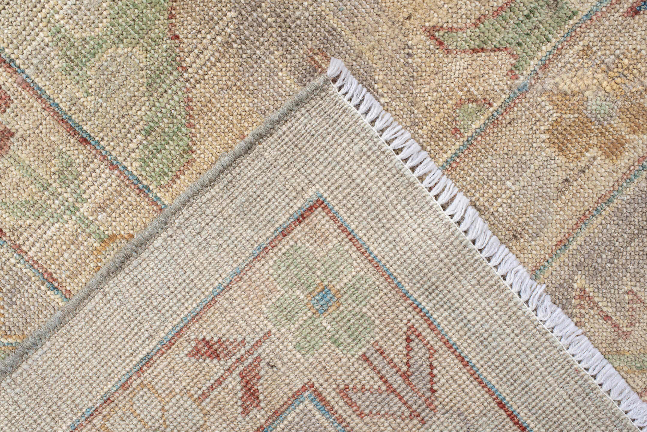 10' x 13' one-of-a-kind handmade vintage Oushak large size rug. Color palette: ivory, beige, pale blue, blush, sage, sand