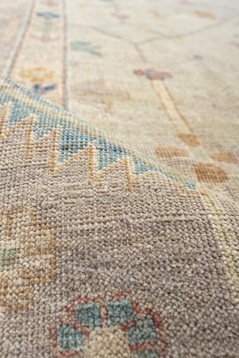 10' x 13' one-of-a-kind handmade vintage Oushak large size rug. Color palette: ivory, beige, pale blue, blush, sage, sand