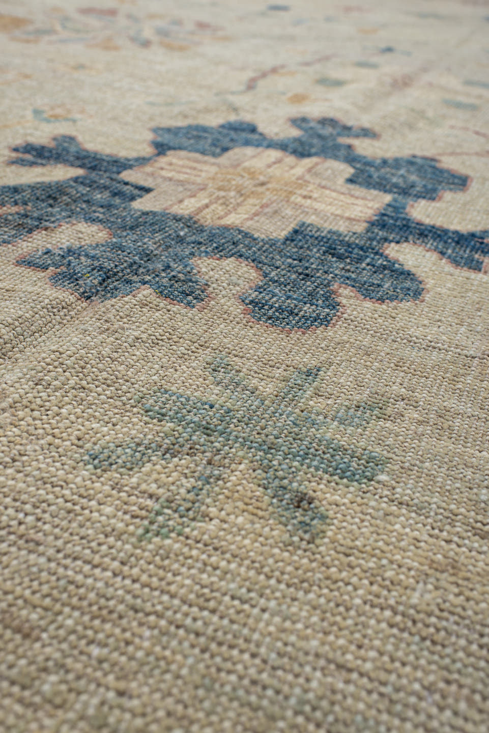 10' x 13' one-of-a-kind handmade vintage Oushak large size rug. Color palette: ivory, beige, pale blue, blush, sage, sand