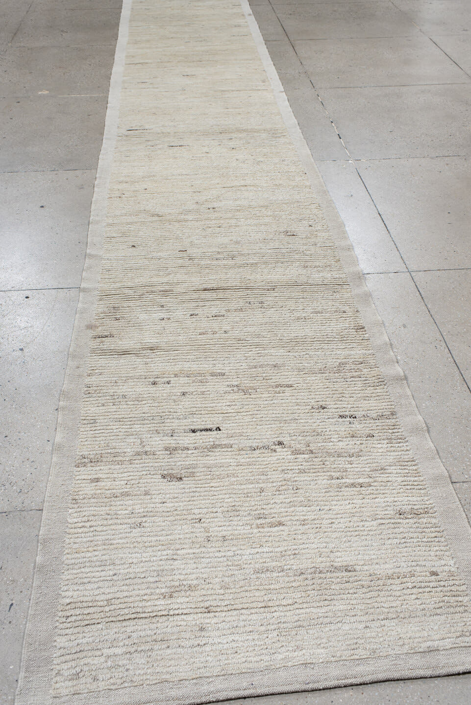 3' x 18' one-of-a-kind handmade vintage Tulu runner rug. Color palette: ivory, cream, taupe, charcoal, beige, gray, black