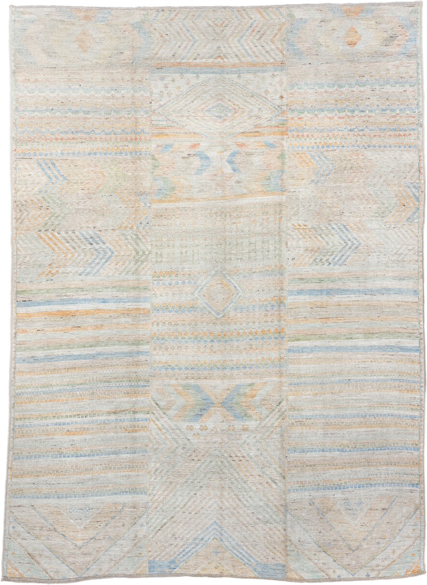 9' x 13' one-of-a-kind handmade vintage Tulu large size rug. Color palette: ivory, pale blue, sand, sage, peach, taupe