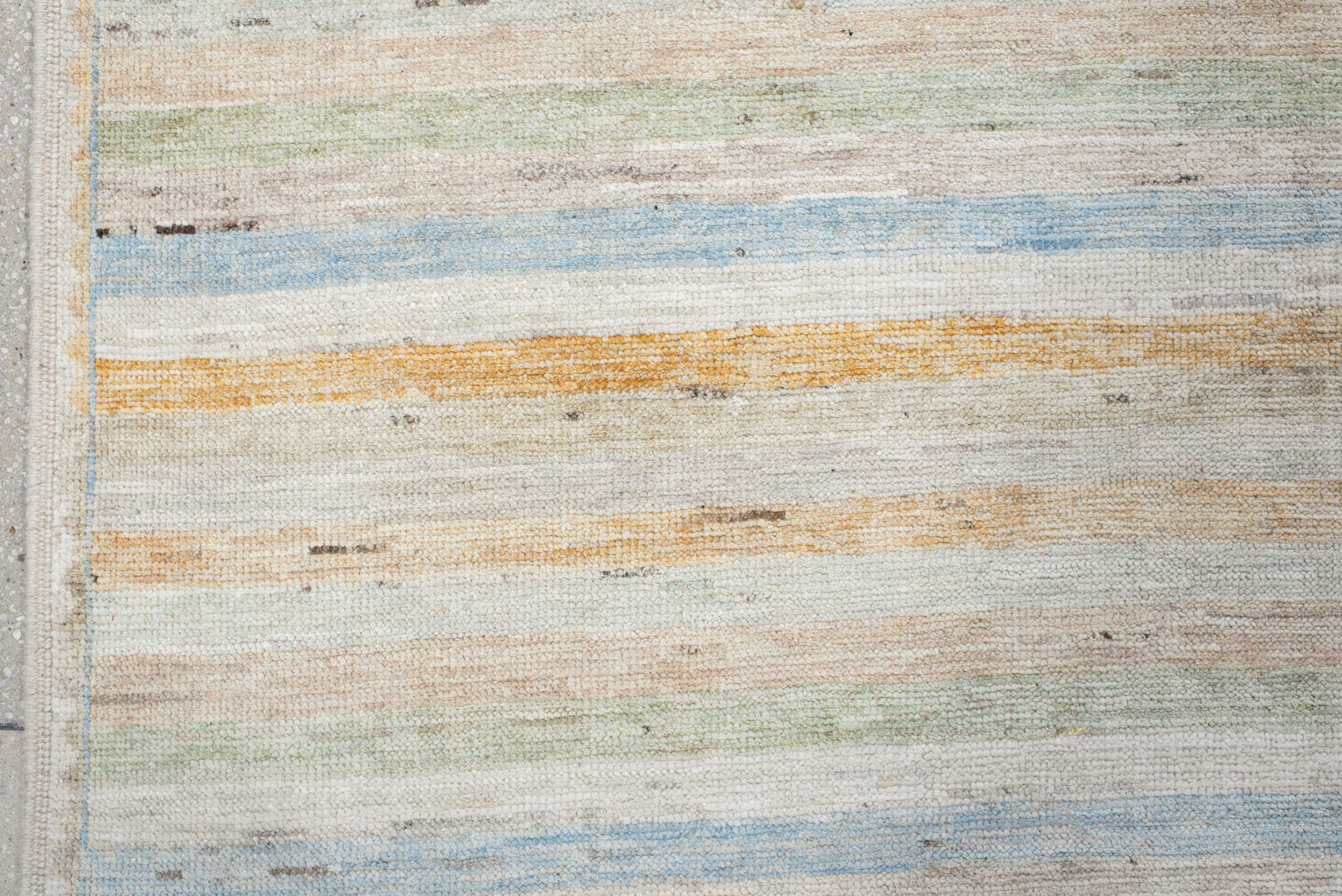 9' x 13' one-of-a-kind handmade vintage Tulu large size rug. Color palette: ivory, pale blue, sand, sage, peach, taupe