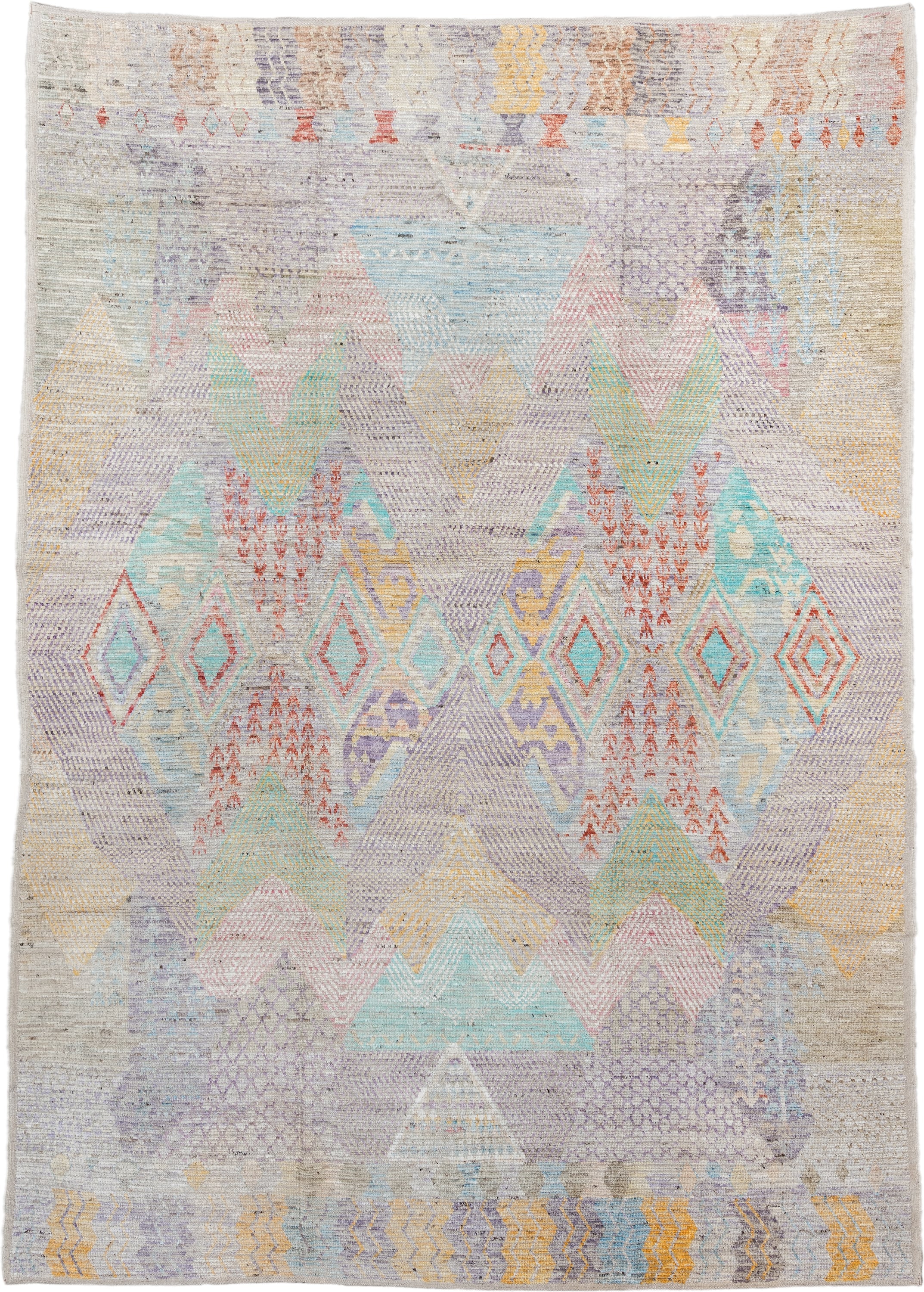 9' x 13' one-of-a-kind handmade vintage Tulu large size rug. Color palette: ivory, lavender, aqua, blush, saffron, coral