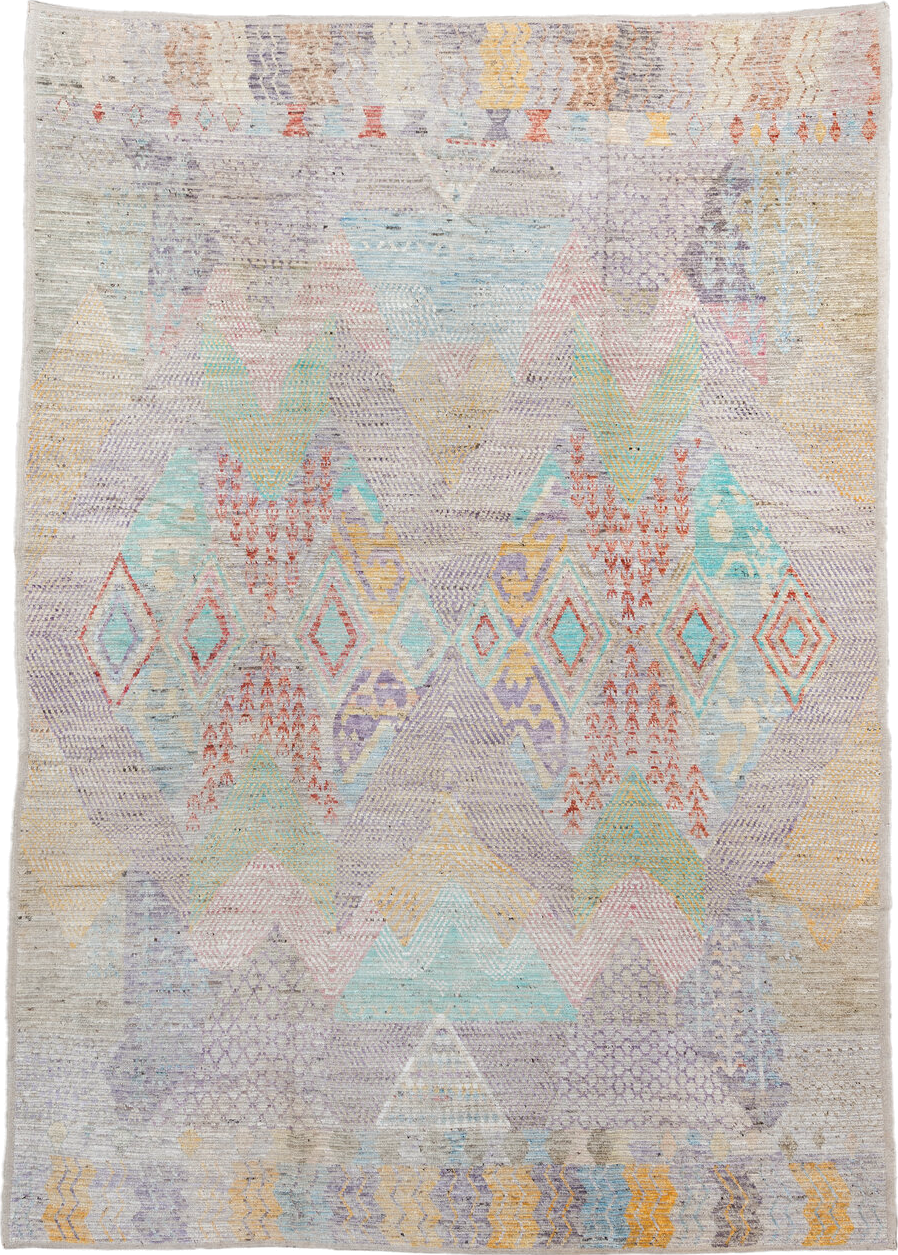 9' x 13' one-of-a-kind handmade vintage Tulu large size rug. Color palette: ivory, lavender, aqua, blush, saffron, coral