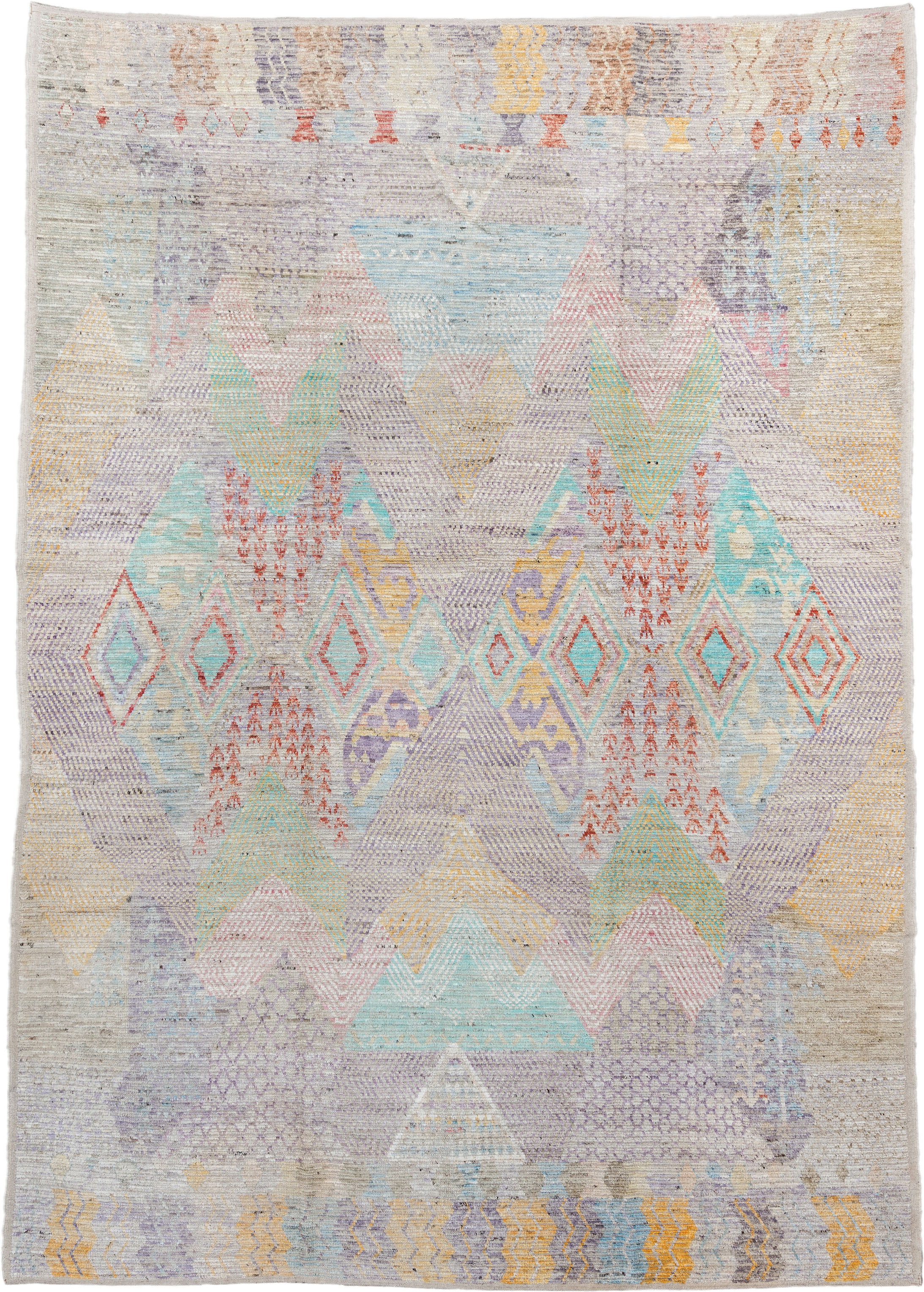 9' x 13' one-of-a-kind handmade vintage Tulu large size rug. Color palette: ivory, lavender, aqua, blush, saffron, coral