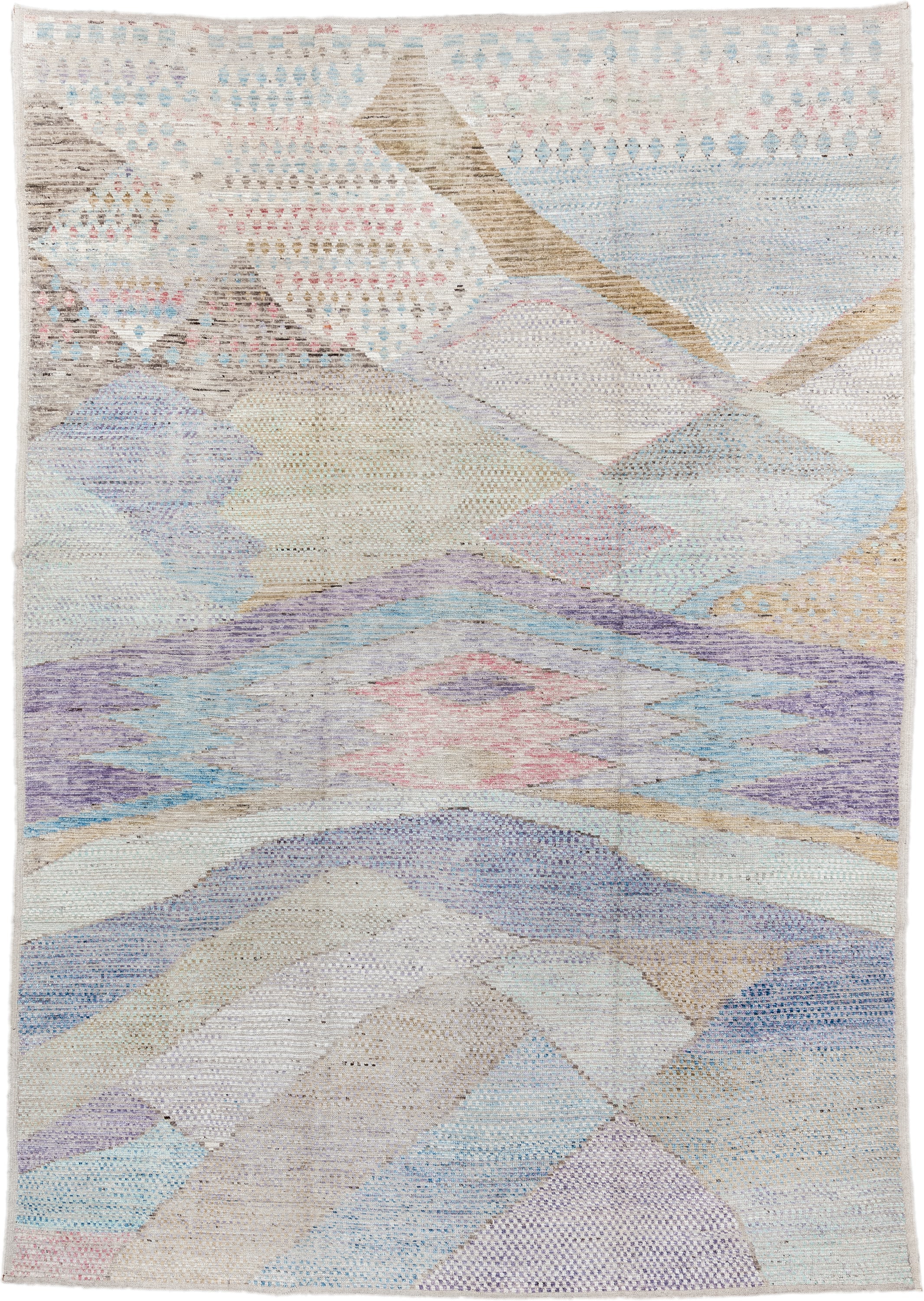 9' x 14' one-of-a-kind handmade vintage Tulu large size rug. Color palette: ivory, sky_blue, taupe, lavender, beige, pink