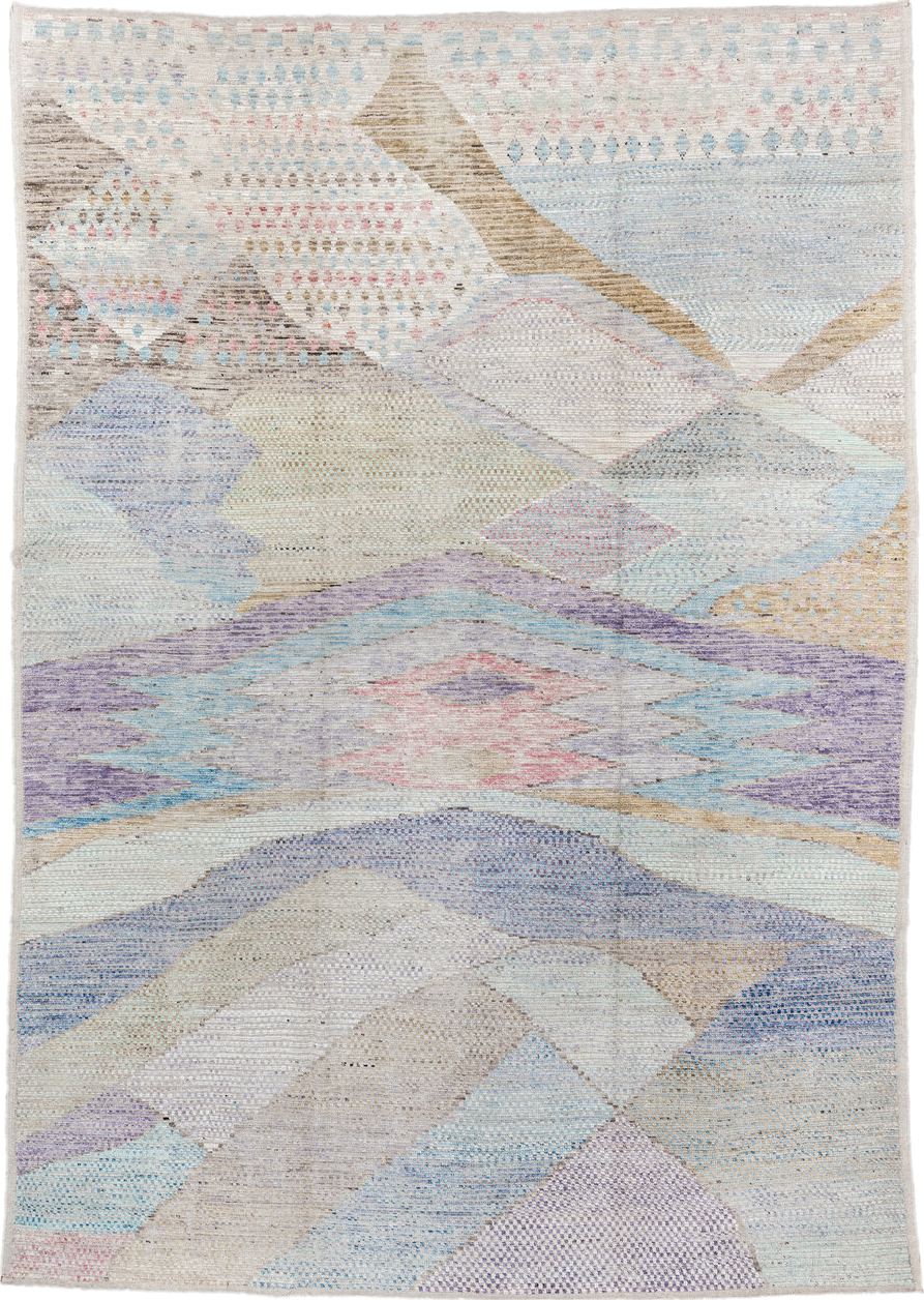 9' x 14' one-of-a-kind handmade vintage Tulu large size rug. Color palette: ivory, sky_blue, taupe, lavender, beige, pink