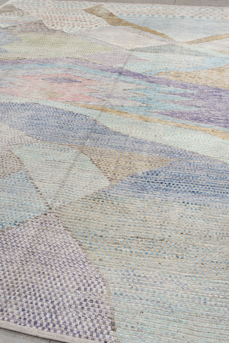 9' x 14' one-of-a-kind handmade vintage Tulu large size rug. Color palette: ivory, sky_blue, taupe, lavender, beige, pink