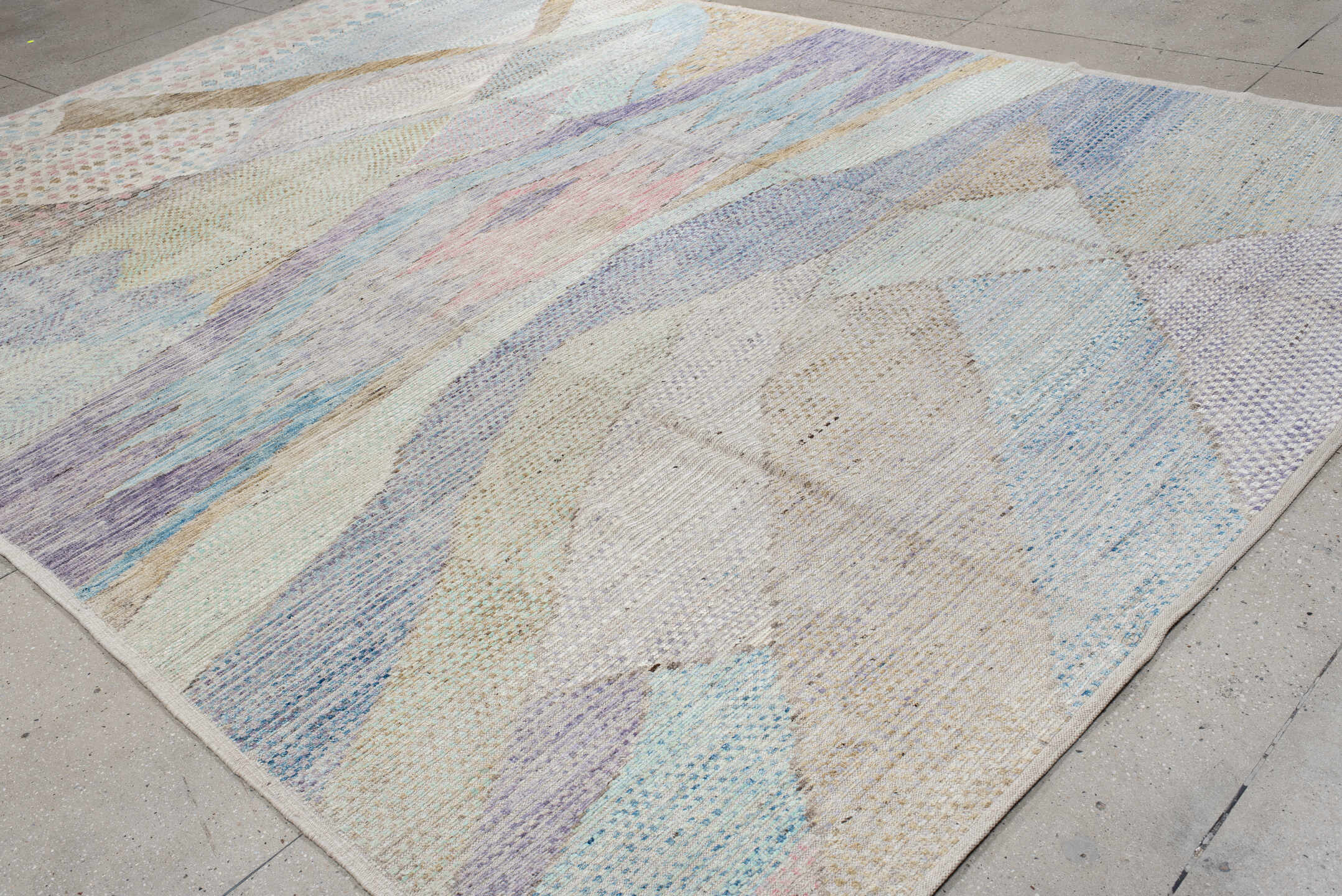 9' x 14' one-of-a-kind handmade vintage Tulu large size rug. Color palette: ivory, sky_blue, taupe, lavender, beige, pink