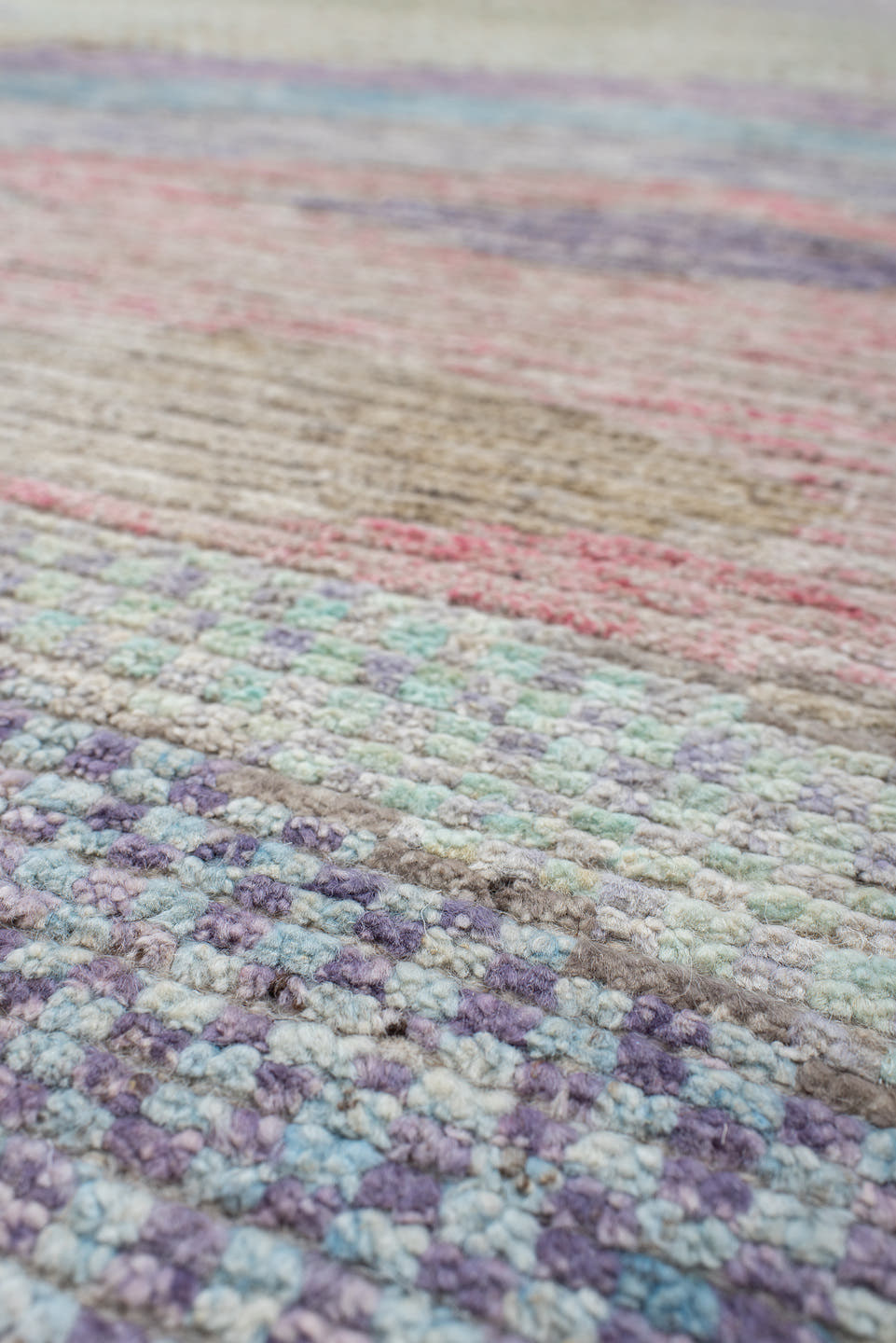 9' x 14' one-of-a-kind handmade vintage Tulu large size rug. Color palette: ivory, sky_blue, taupe, lavender, beige, pink