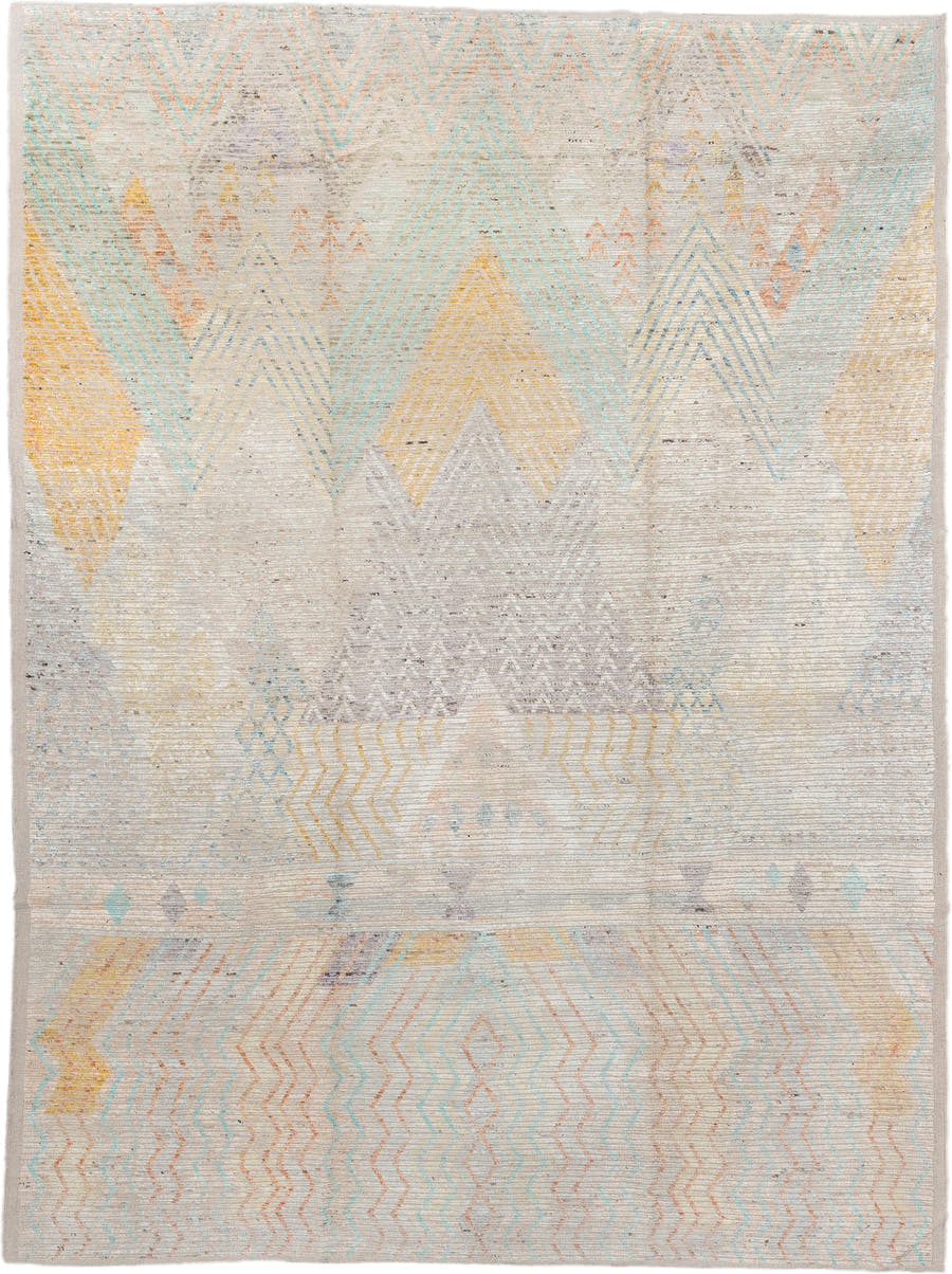 10' x 13' one-of-a-kind handmade vintage Tulu large size rug. Color palette: ivory, aqua, pale gold, peach, lavender, taupe