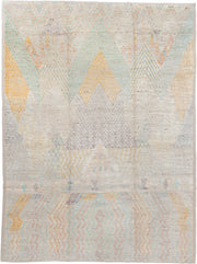 10' x 13' one-of-a-kind handmade vintage Tulu large size rug. Color palette: ivory, aqua, pale gold, peach, lavender, taupe