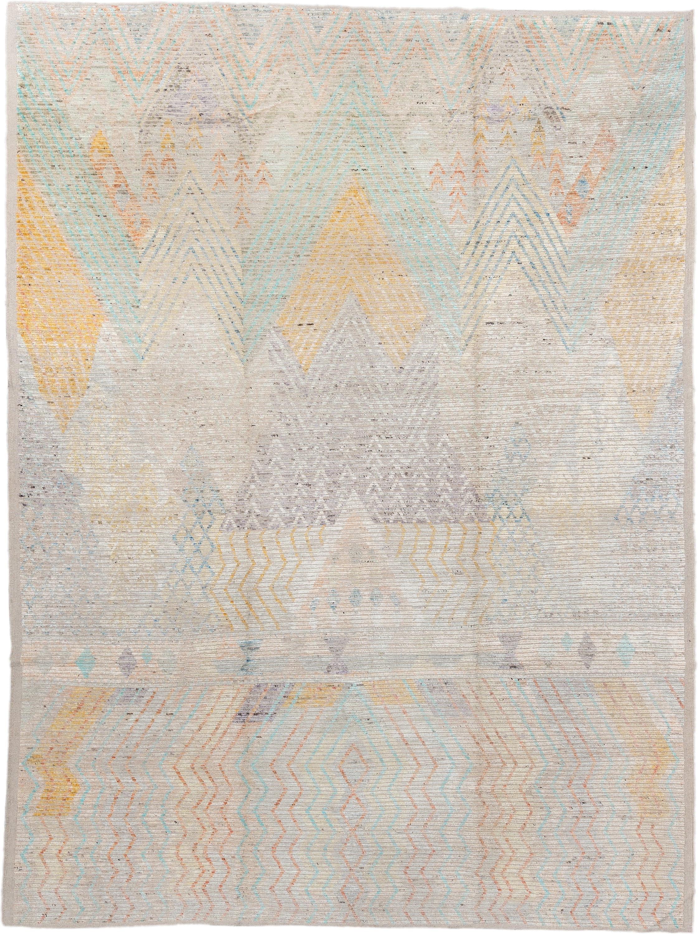 10' x 13' one-of-a-kind handmade vintage Tulu large size rug. Color palette: ivory, aqua, pale gold, peach, lavender, taupe