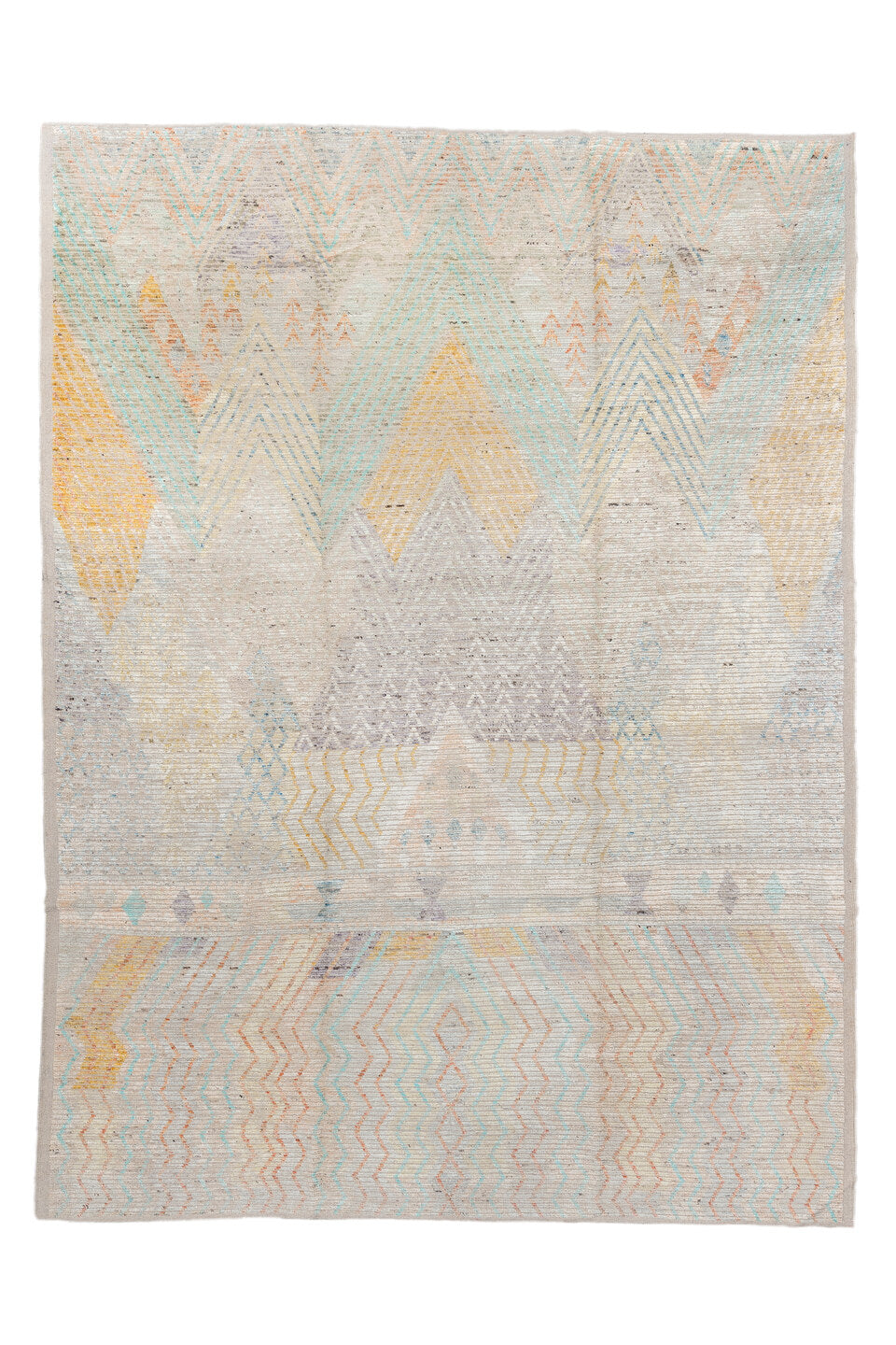 10' x 13' one-of-a-kind handmade vintage Tulu large size rug. Color palette: gray, light gray, off-white, brown, pink