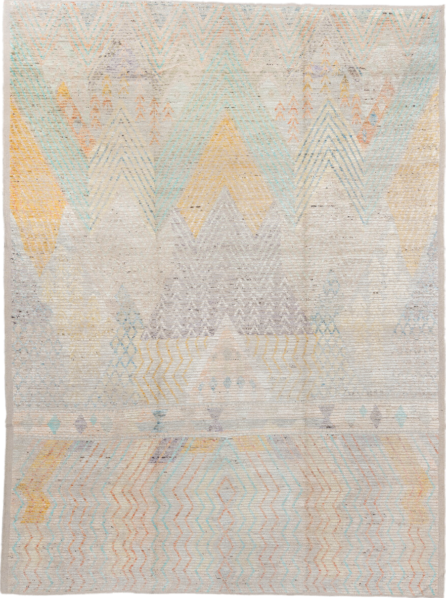 10' x 13' one-of-a-kind handmade vintage Tulu large size rug. Color palette: ivory, aqua, pale gold, peach, lavender, taupe