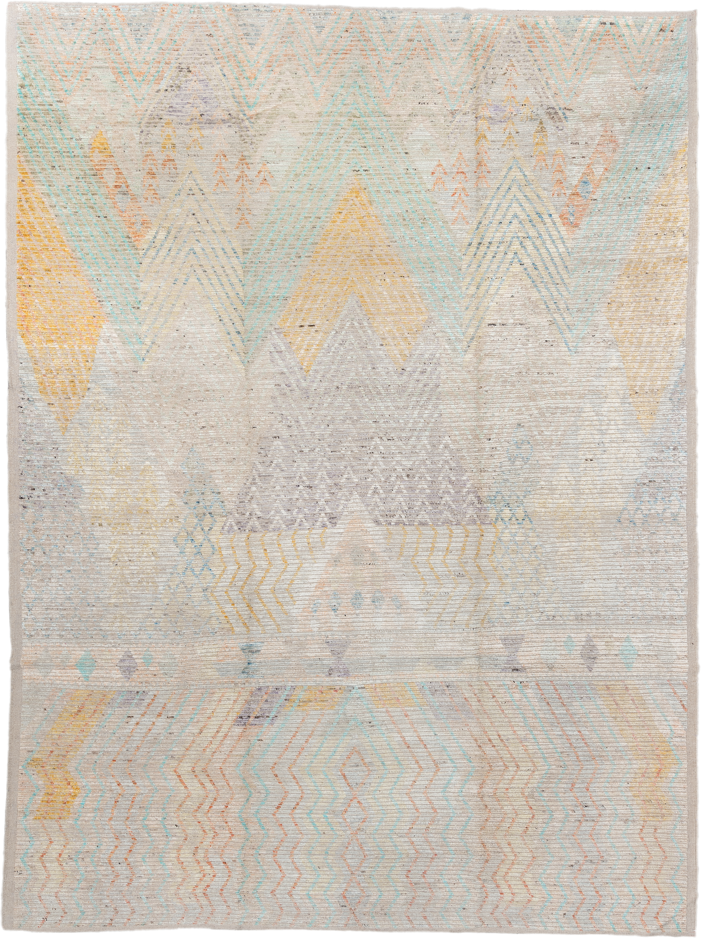 10' x 13' one-of-a-kind handmade vintage Tulu large size rug. Color palette: ivory, aqua, pale gold, peach, lavender, taupe