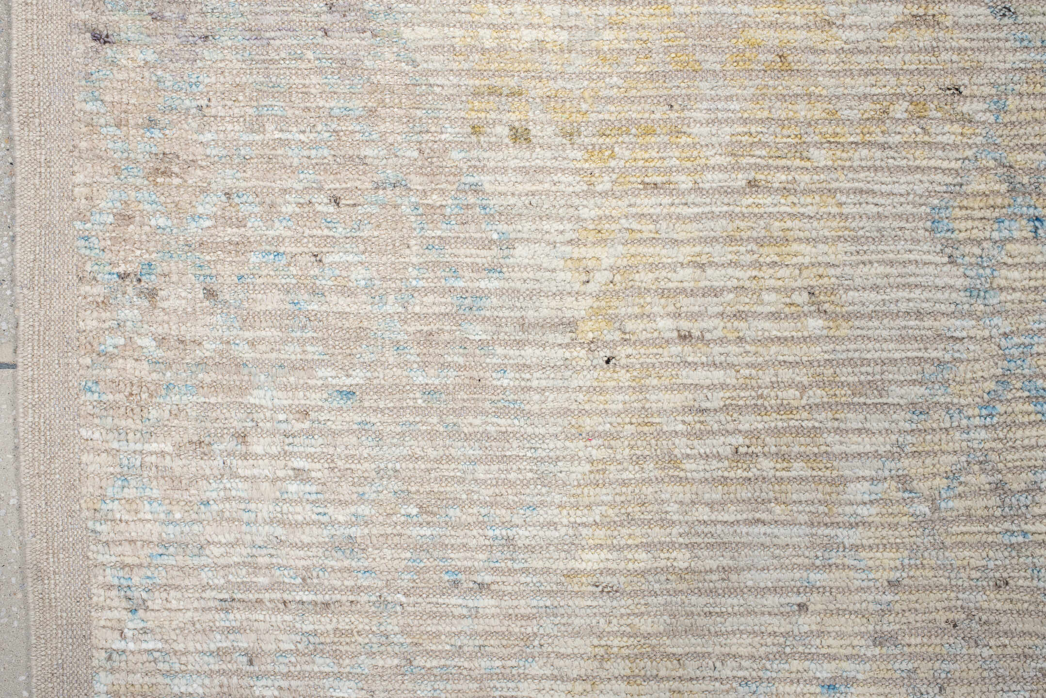 10' x 13' one-of-a-kind handmade vintage Tulu large size rug. Color palette: ivory, aqua, pale gold, peach, lavender, taupe