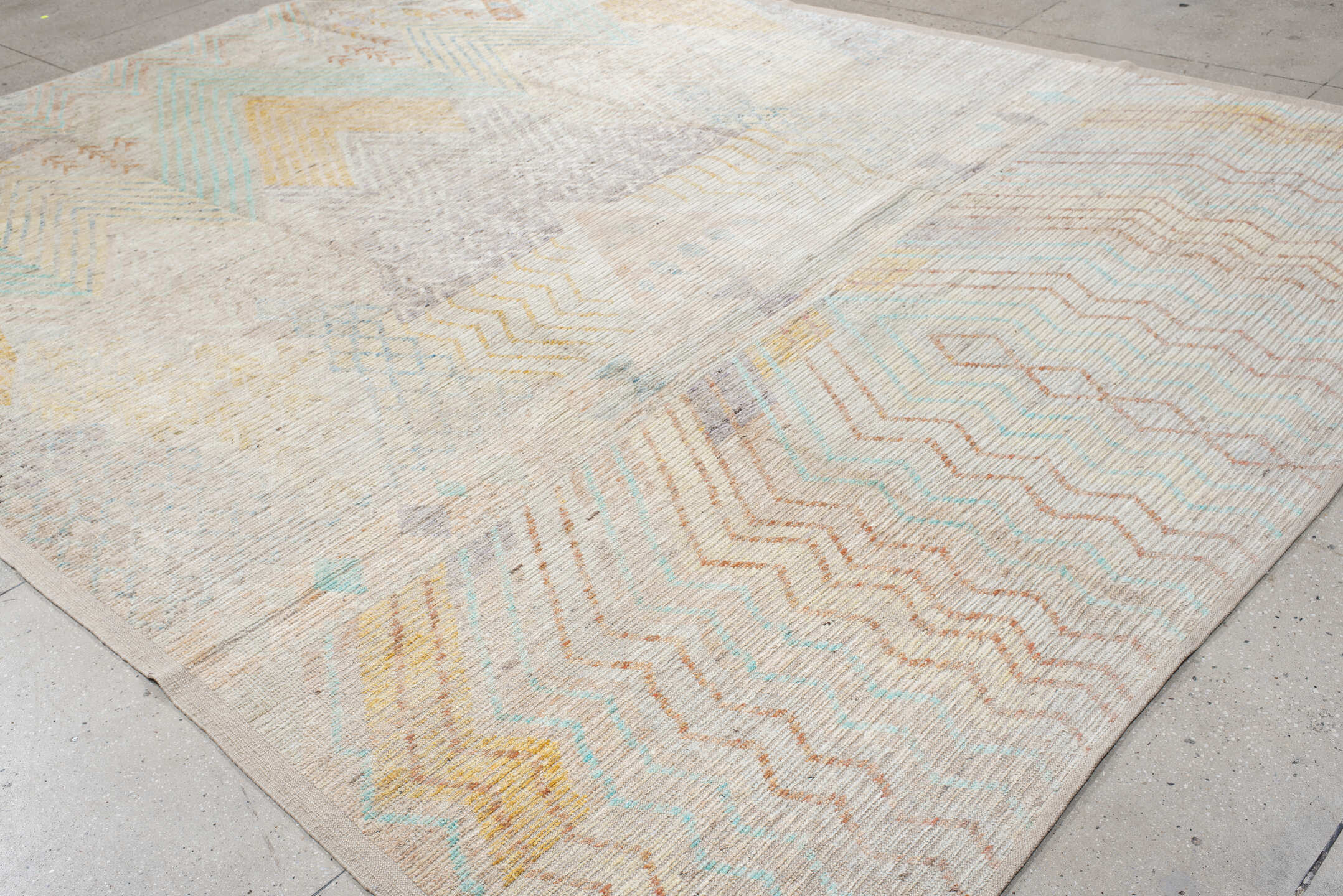 10' x 13' one-of-a-kind handmade vintage Tulu large size rug. Color palette: ivory, aqua, pale gold, peach, lavender, taupe
